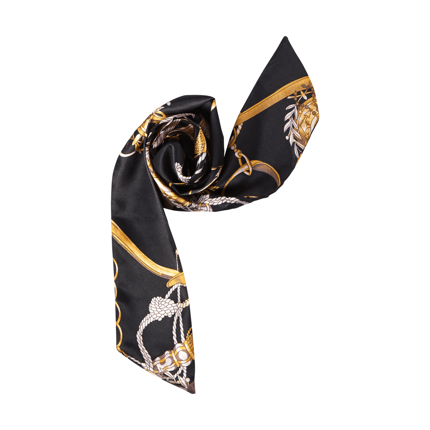 Black silky satin scarf with gold and white ornate chain and rope patterns, shown loosely rolled in a spiral with one end extended.
