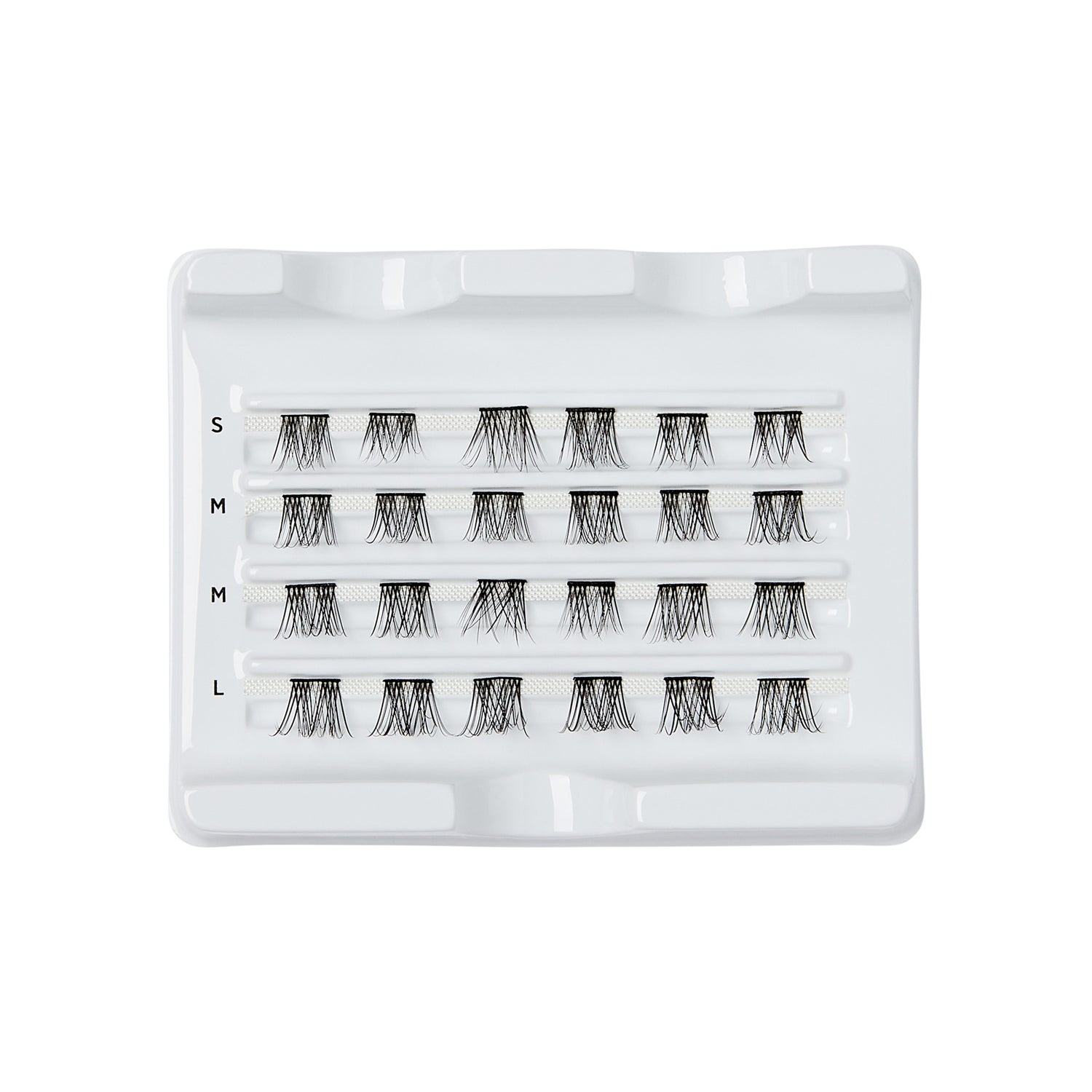 The image shows a white plastic tray containing multiple rows of false eyelash clusters. The tray is divided into four sections, each labeled with a different size: "S" (small), "M" (medium), "M" (medium), and "L" (large). Each section contains several clusters of eyelashes arranged in a neat, organized manner. The eyelashes are black and appear to be made of synthetic fibers. The tray is designed to keep the eyelashes separated and easily accessible for application.