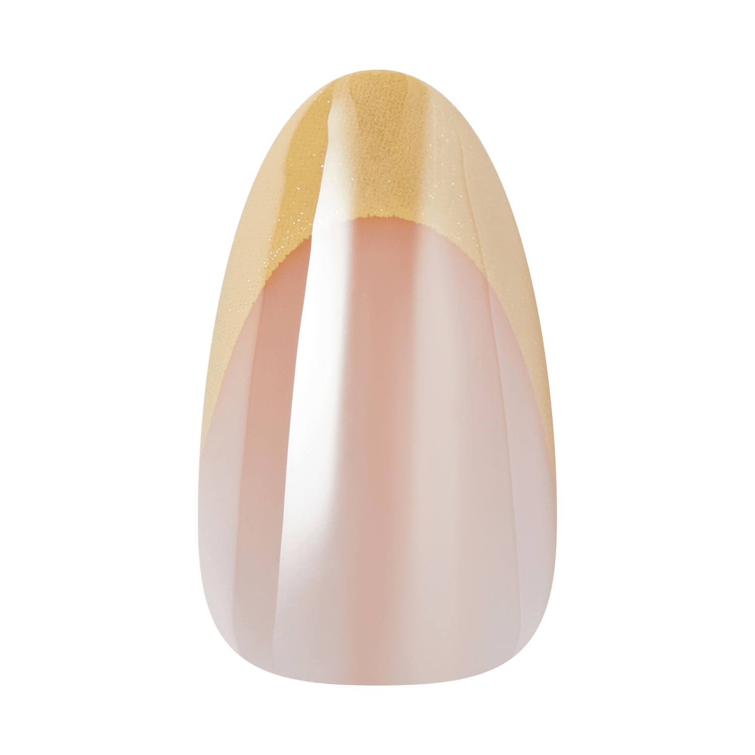 Almond-shaped nail with gold glitter tip and nude gradient base.