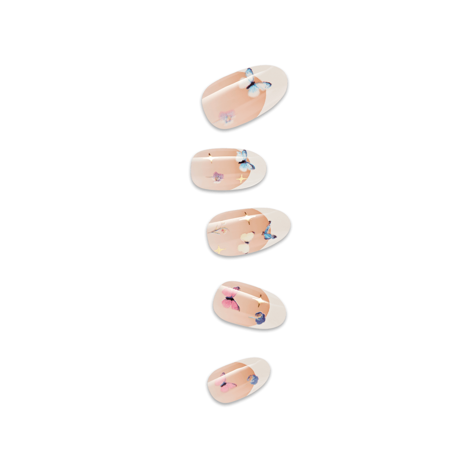 Five oval nail polish swatches with floral and butterfly designs on nude base.