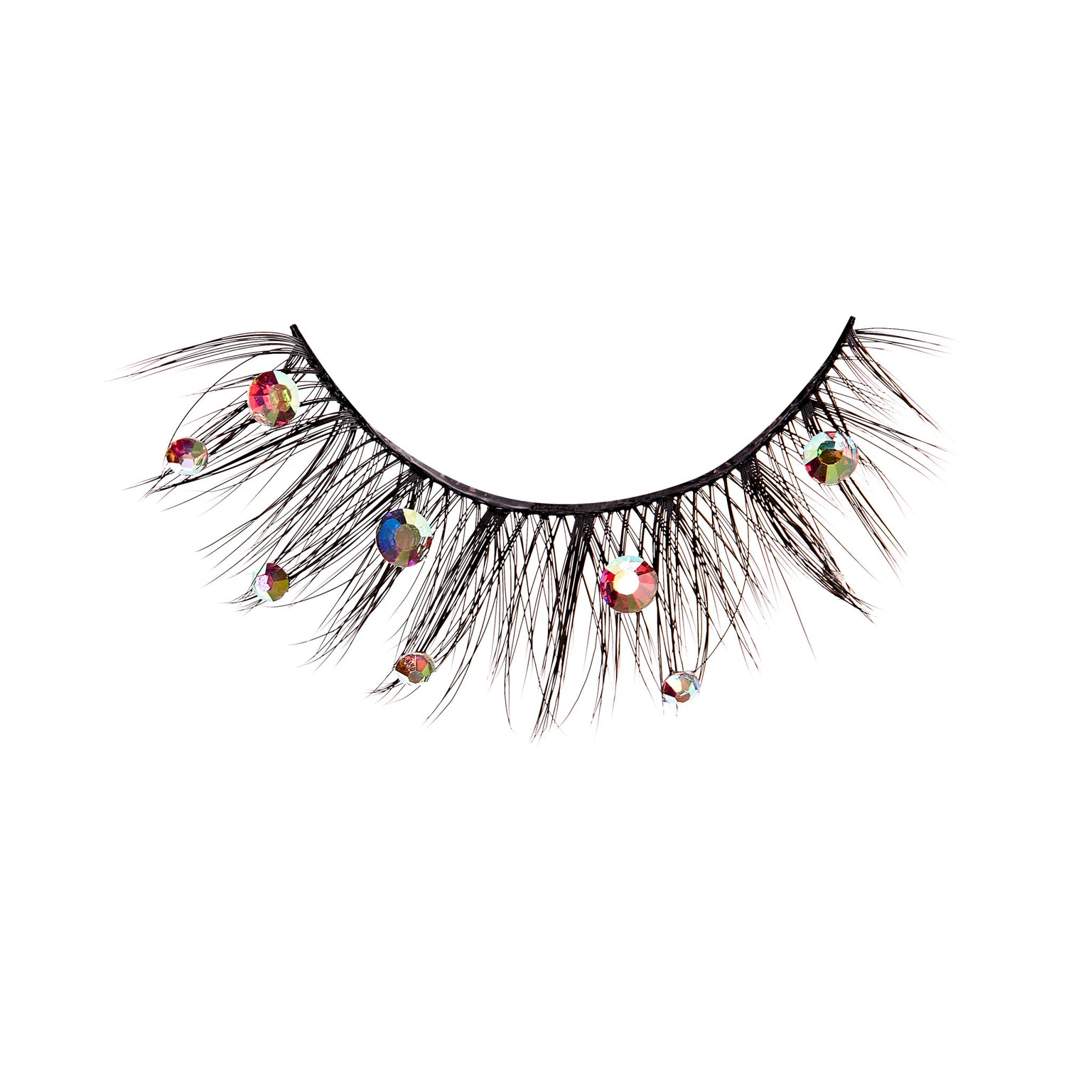 The image shows a single false eyelash adorned with small, colorful rhinestones. The eyelash is black and features long, wispy strands that taper off at the ends. The rhinestones are scattered along the length of the eyelash, adding a touch of sparkle and glamour. The overall design is decorative and eye-catching, suitable for special occasions or dramatic makeup looks.