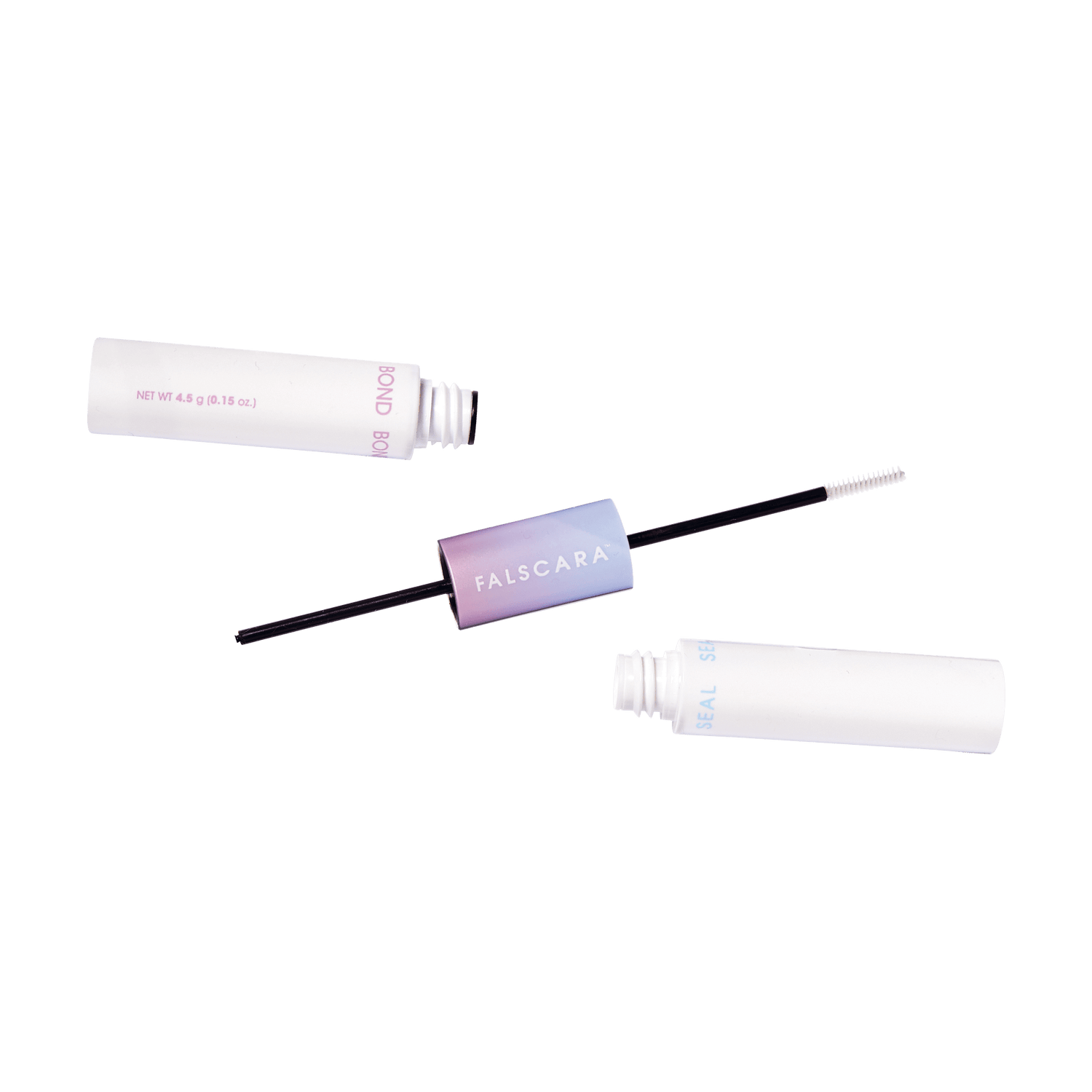 FALSCARA Bond &amp; Seal dual-ended tube with white caps and a gradient purple center labeled \