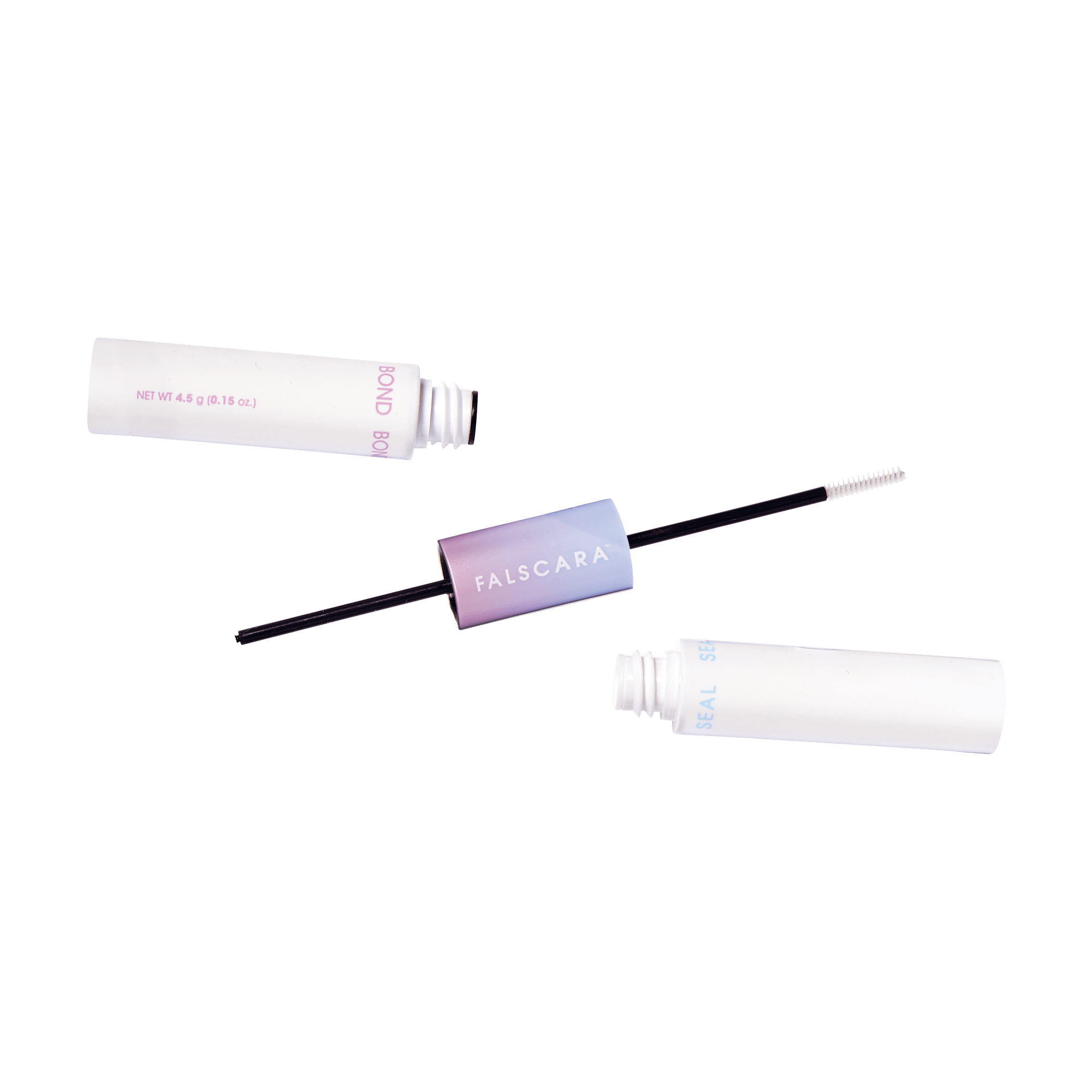 FALSCARA Bond &amp; Seal dual-ended tube with white caps and a gradient purple center labeled \