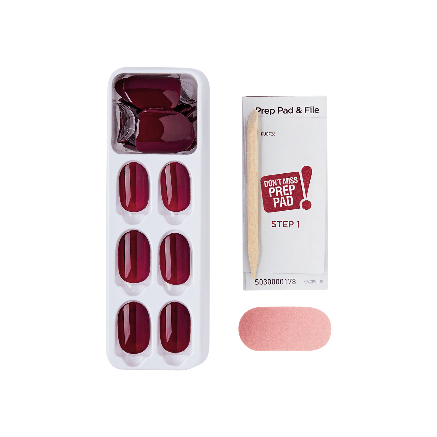 The image features a set of false nails in a deep red color, arranged in a plastic tray. There are six nails visible, all in a glossy finish. Next to the tray is a prep pad and file, packaged together. The prep pad is labeled "DON&