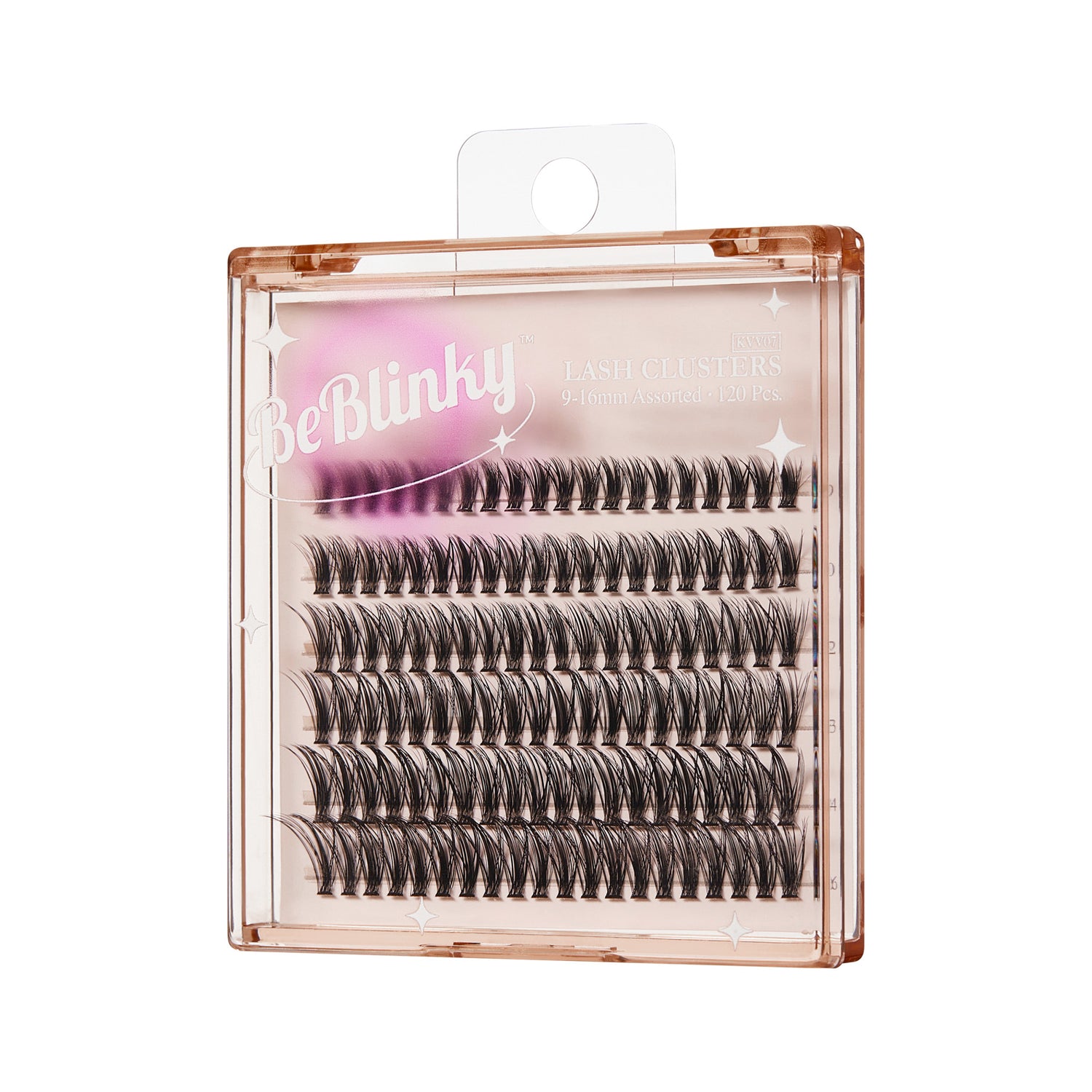 The image features a clear plastic packaging containing individual lash clusters. The clusters are arranged neatly in rows, showcasing a variety of lengths and styles. The packaging has a soft peach or light pink hue with the brand name "Be Blinky" prominently displayed in a playful font. The overall design is clean and appealing, emphasizing the product&