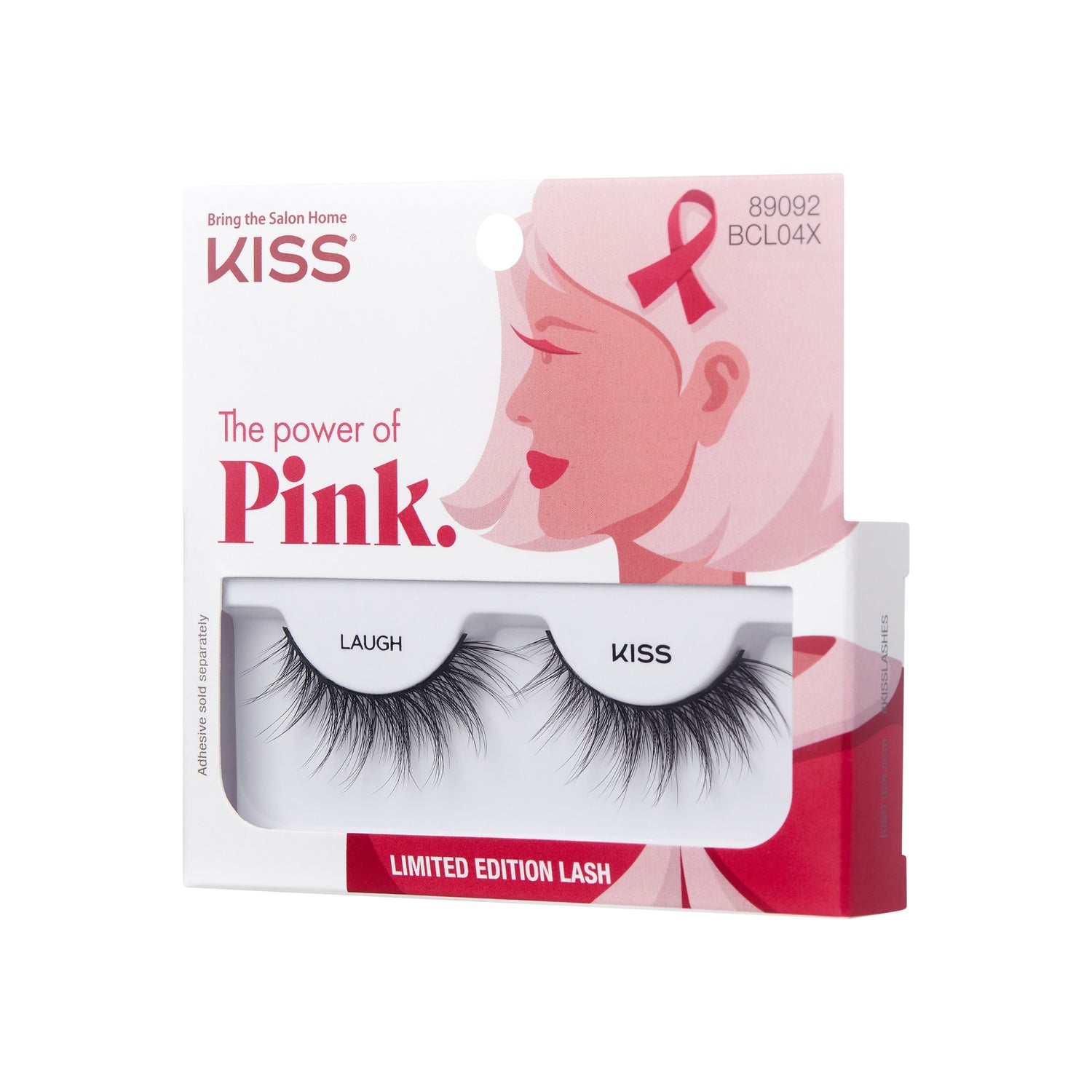 KISS Limited Edition Lash "Laugh" false eyelashes in pink breast cancer awareness packaging.