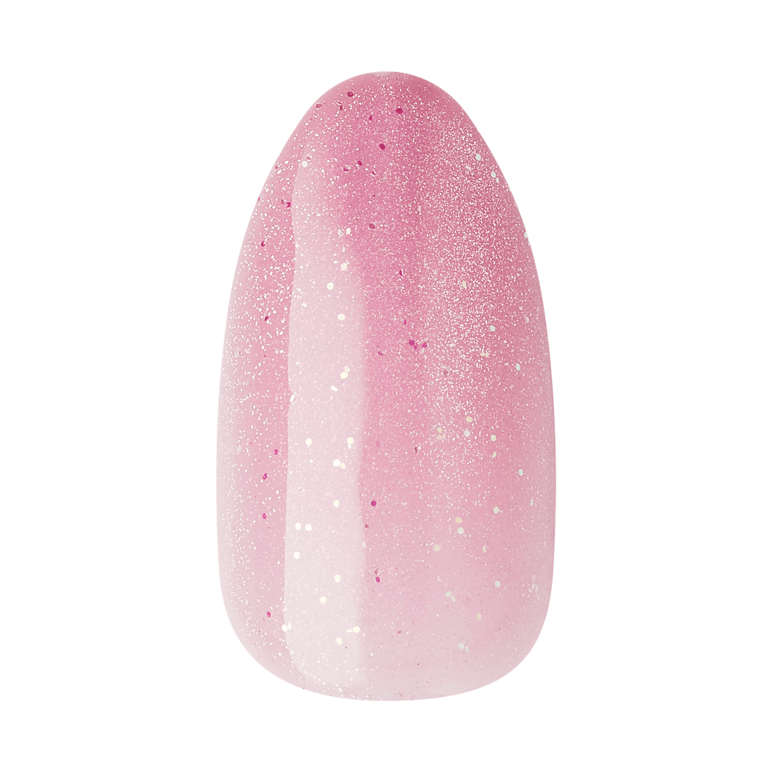 The image features a nail design that showcases a gradient effect transitioning from a soft pink at the base to a lighter pink at the tip. The surface is adorned with fine glitter particles that add a sparkling touch, enhancing the overall aesthetic. The shape of the nail is elongated and slightly pointed, giving it a stylish and elegant appearance.