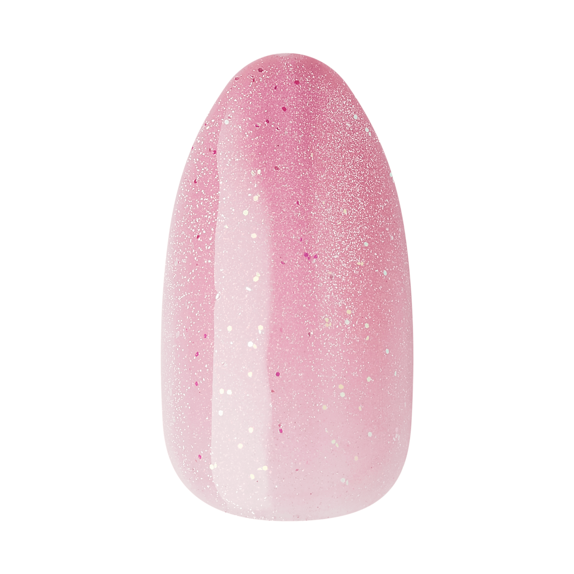 The image features a nail design that showcases a gradient effect transitioning from a soft pink at the base to a lighter pink at the tip. The surface is adorned with fine glitter particles that add a sparkling touch, enhancing the overall aesthetic. The shape of the nail is elongated and slightly pointed, giving it a stylish and elegant appearance.