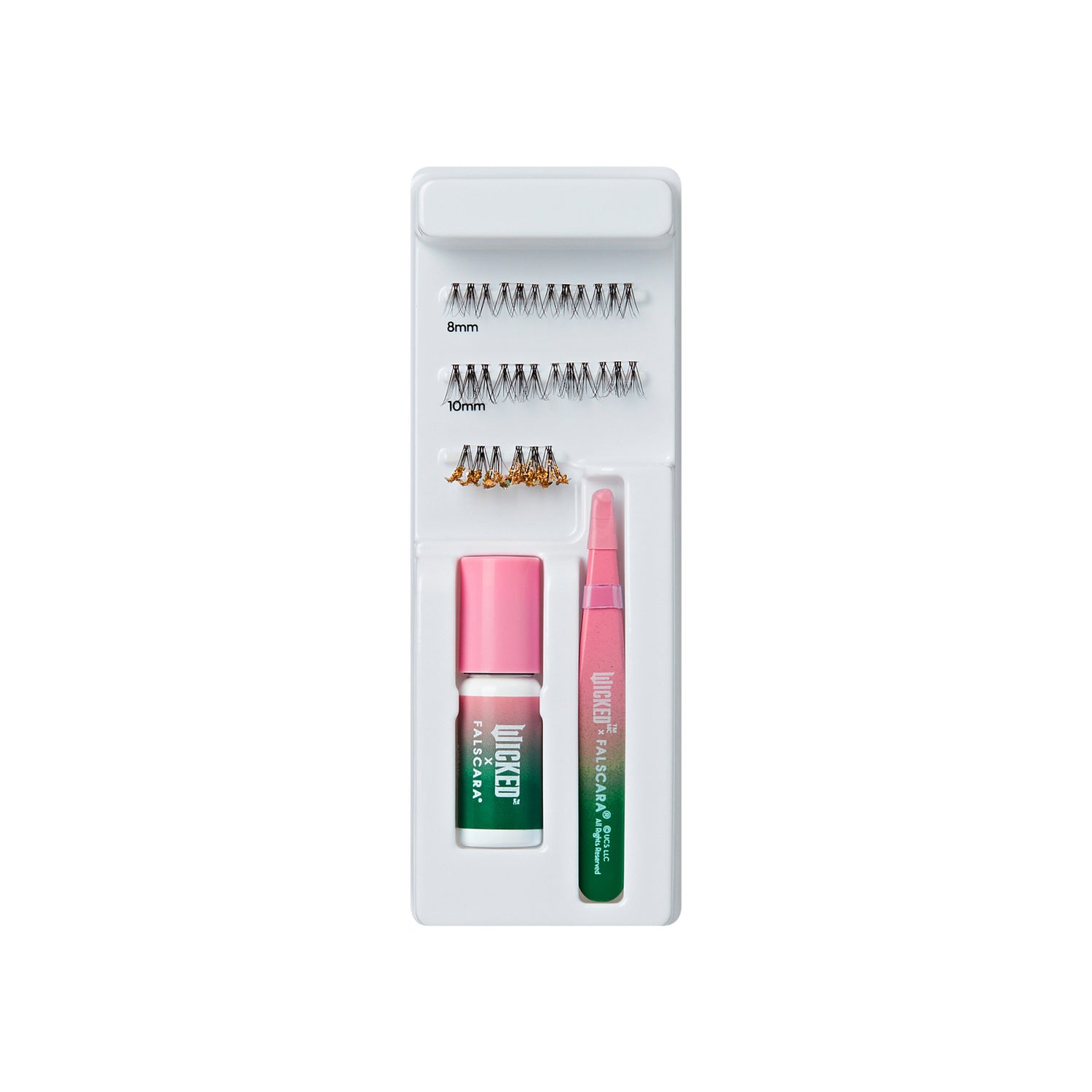 Thin false lash kit with three lash strips in lengths 8mm, 10mm, and gold-tipped clusters, plus a pink and green glue bottle and applicator tool.
