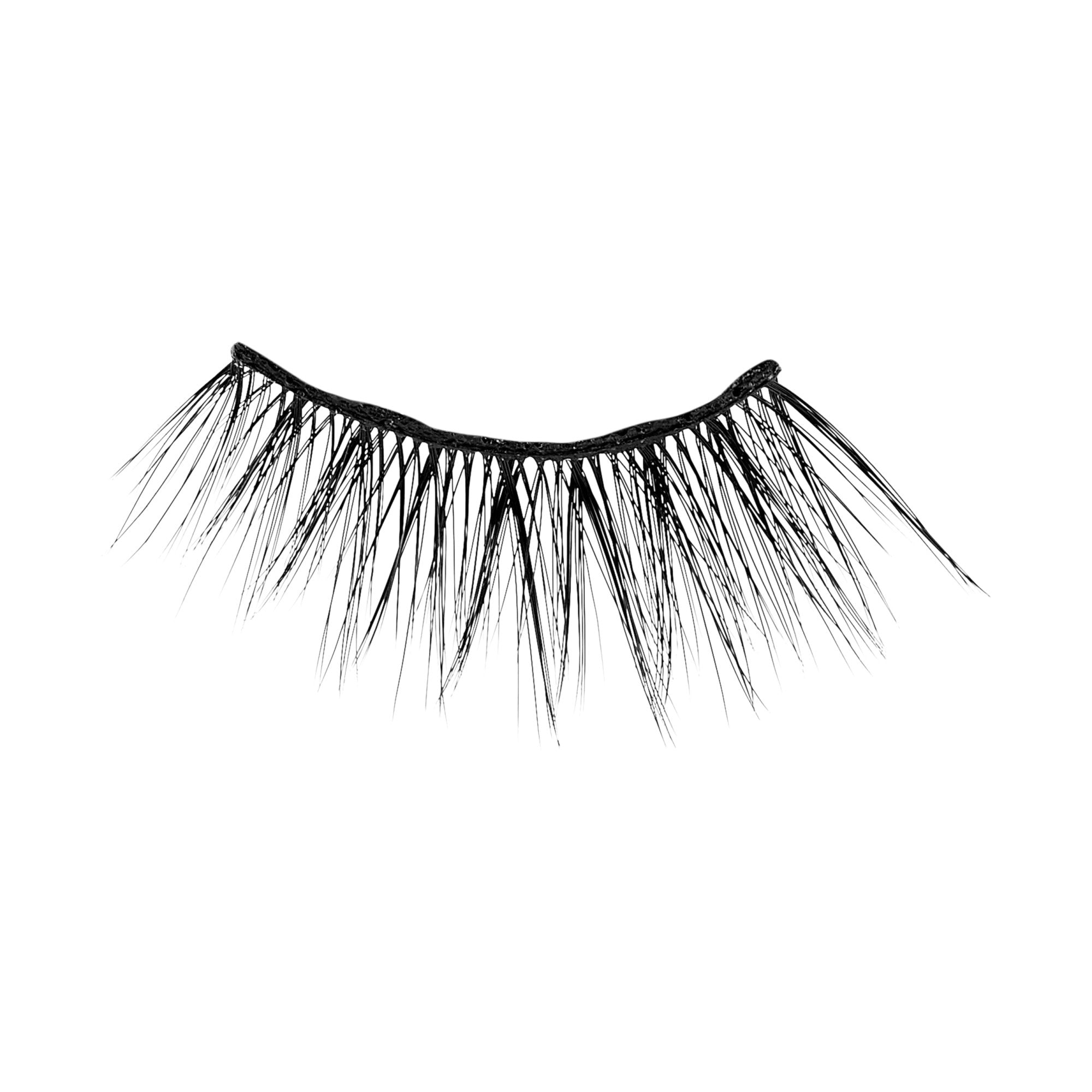 Single black, wispy false eyelash with varied length strands, designed for a lightweight and natural look, from KISS Magnetic Eyeliner &amp; Lashes Entice set.