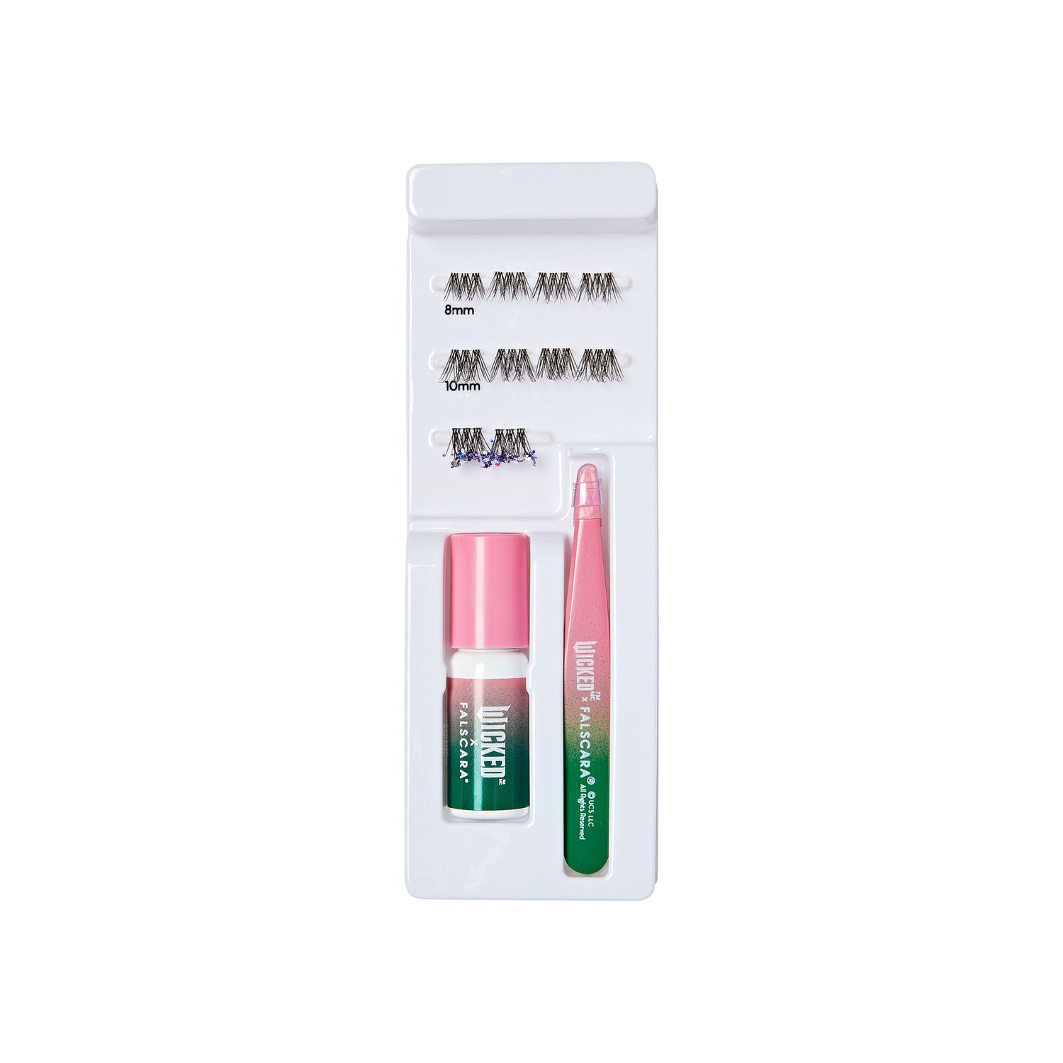 The image features a beauty product kit designed for eyelash application. It includes several pairs of false eyelashes in different styles, a bottle of eyelash glue, and a pink applicator tool. The items are neatly arranged in a white tray, showcasing the various components for enhancing eyelashes. The packaging is clean and organized, emphasizing the ease of use for applying false lashes.