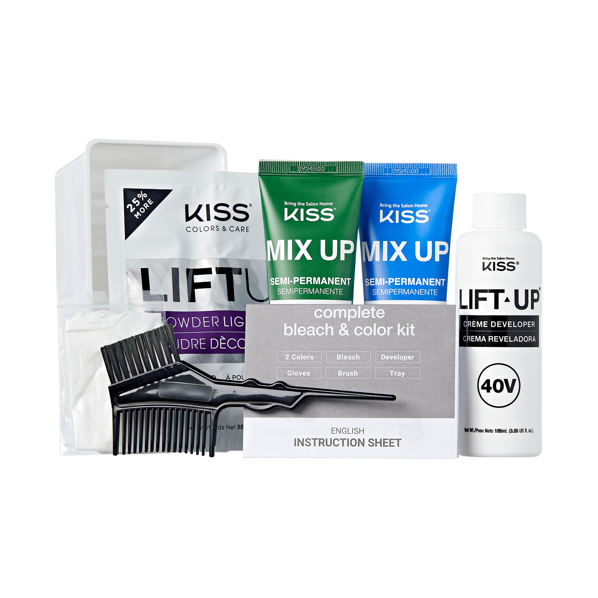 KISS Lift Up Complete Bleach &amp; Color Kit with developer, colors, and applicator tools.