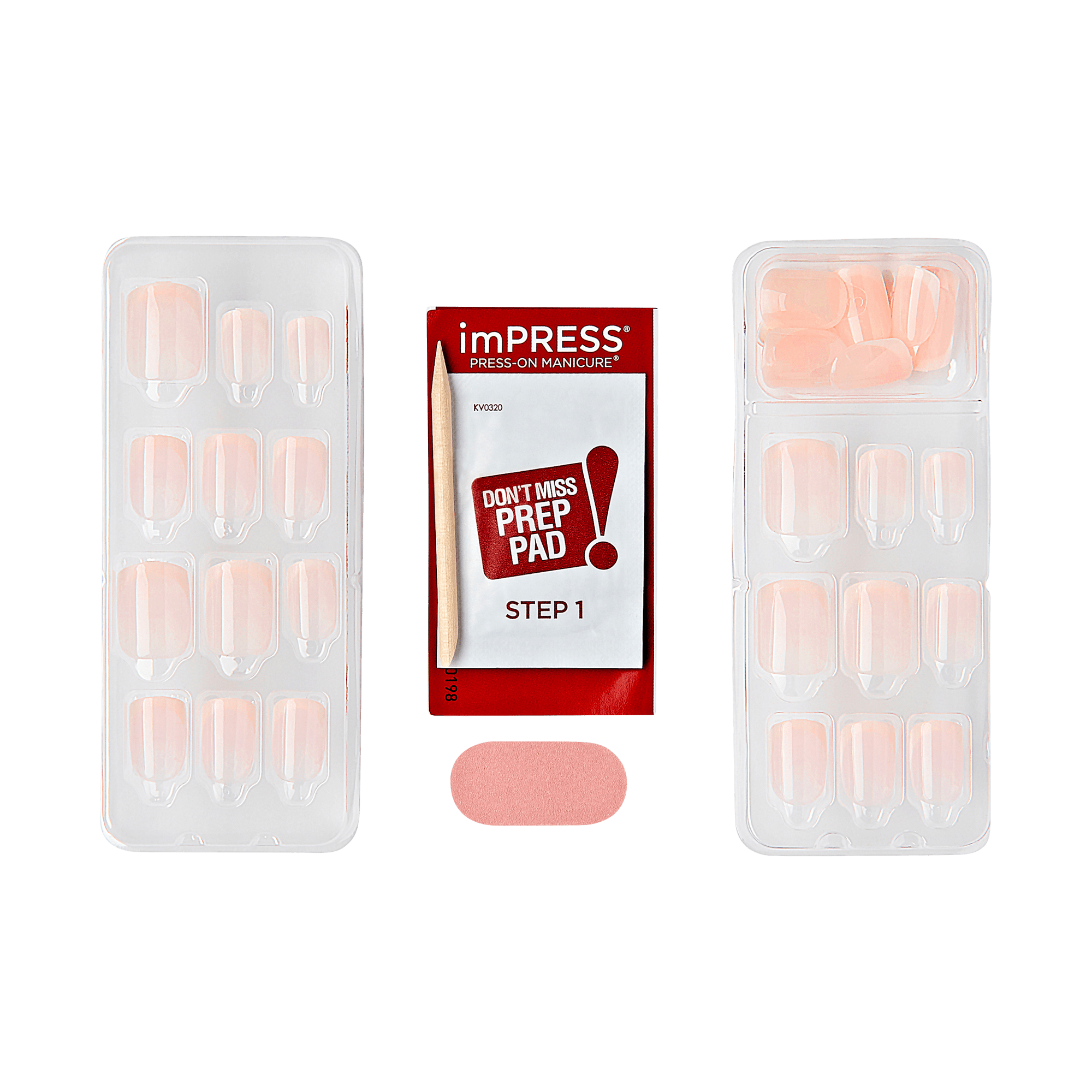 imPRESS Press-On Manicure kit with prep pad and nail tips in nude shade.