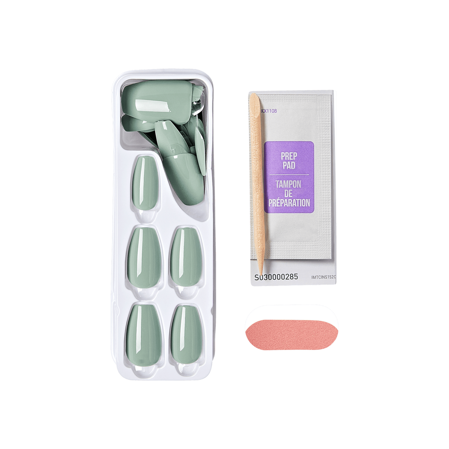 Set of glossy green press-on nails displayed in white plastic tray, alongside a wooden cuticle stick and a purple-labeled prep pad packet.