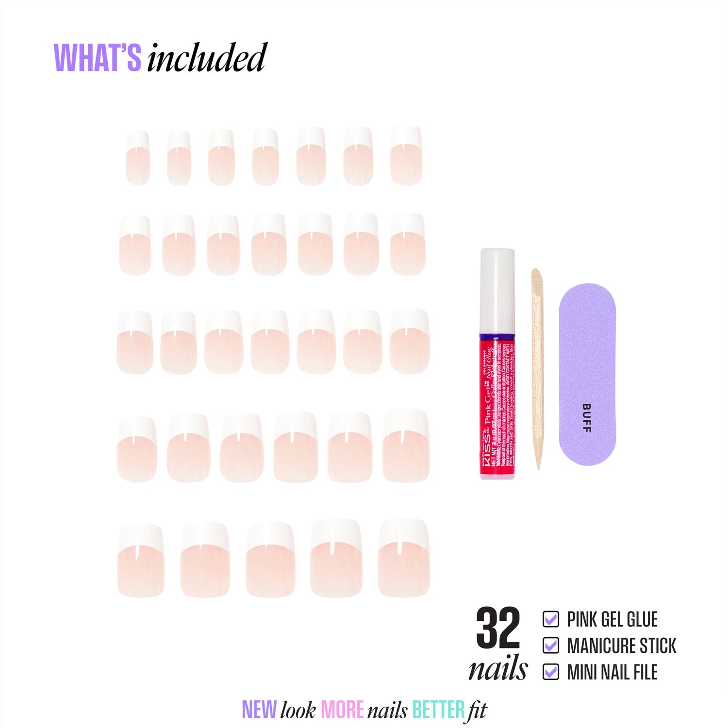 32 press-on nails with pink gel glue, manicure stick, and mini nail file included.
