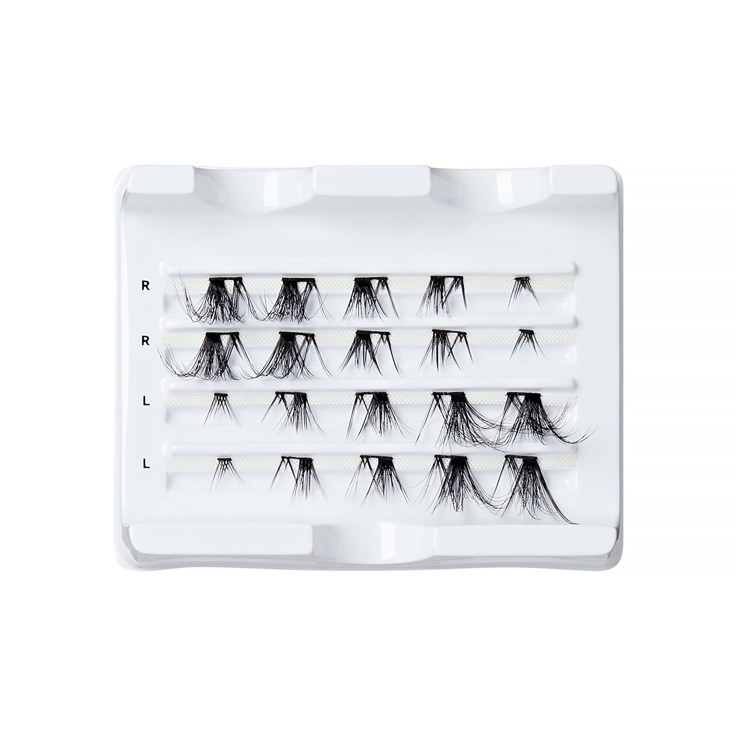 The image features a white tray containing several rows of false eyelashes. Each row is labeled with letters indicating the orientation: "R" for right, "L" for left, and "R" again for right. The lashes vary in length and style, showcasing a mix of natural and dramatic looks. The overall presentation is organized and neat, highlighting the different options available for enhancing eyelashes.