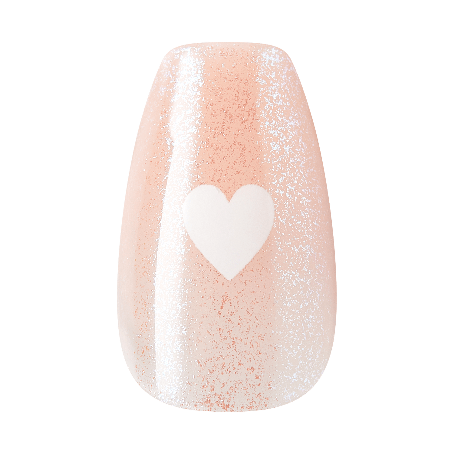 Glittery nude nail with white heart design