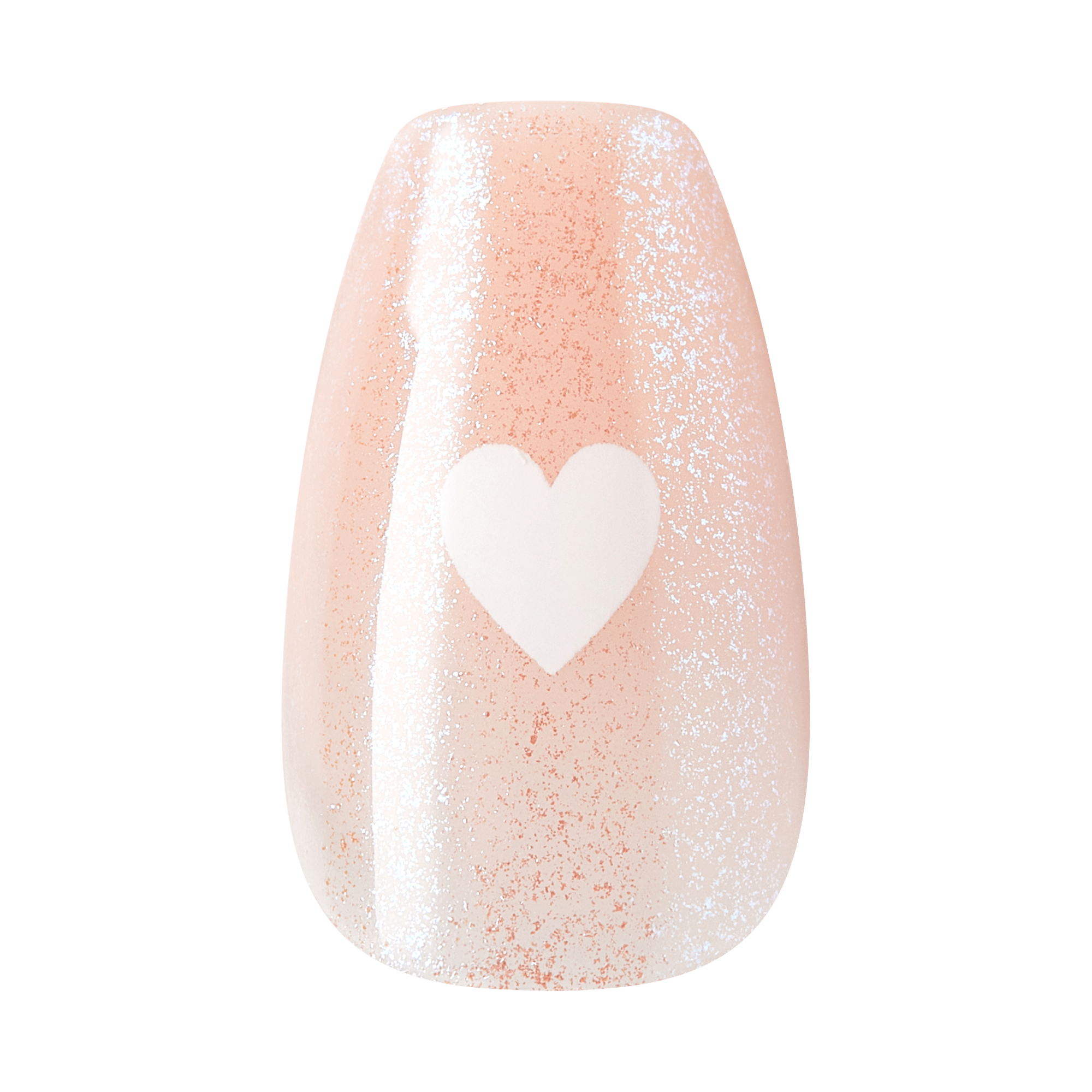 Glittery nude nail with white heart design