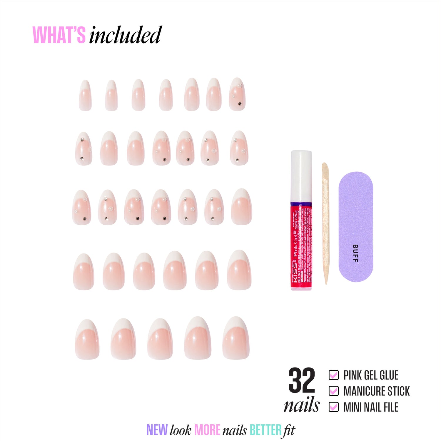 32 pink gel press-on nails with gel glue, manicure stick, and nail file included.