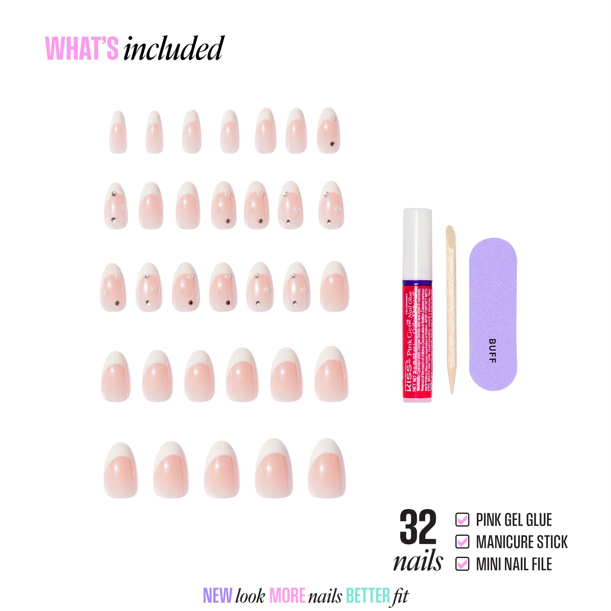 32 pink gel press-on nails with gel glue, manicure stick, and nail file included.