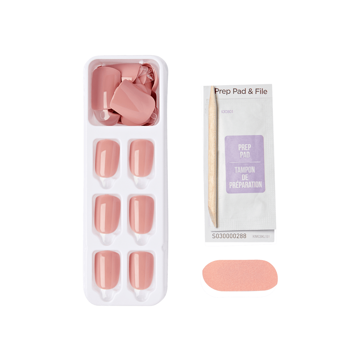 Press-on nails kit with prep pad and file applicator in nude pink shade.