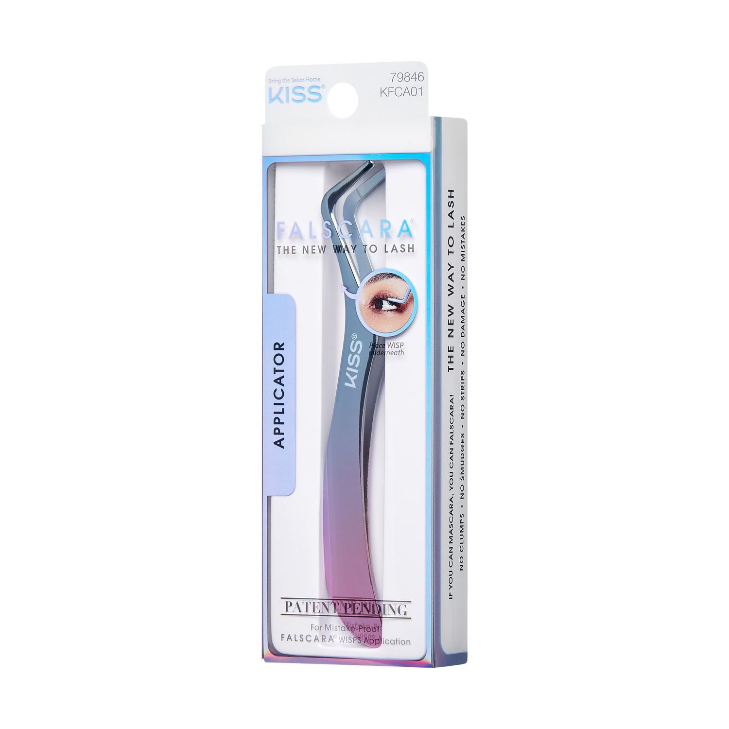 KISS FALSCARA eyelash applicator in metallic gradient blue to purple, angled tip shown, packaged with text highlighting no clumps, smudges, or damage and patent pending.