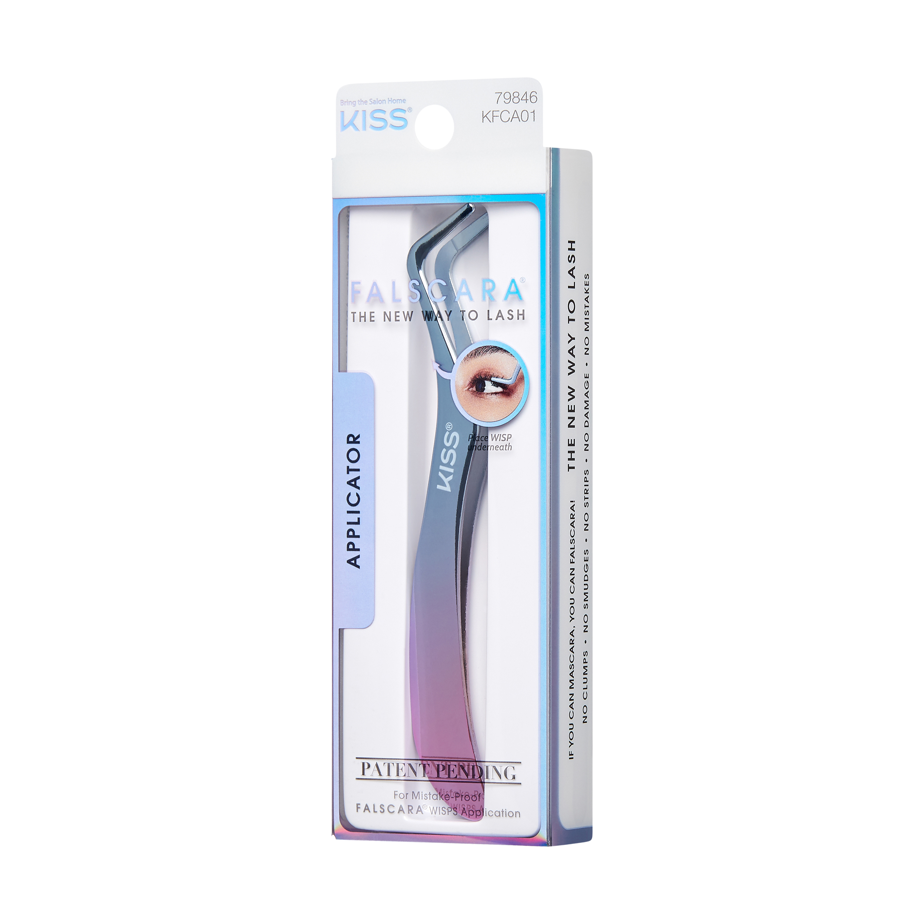 KISS FALSCARA eyelash applicator in metallic gradient blue to purple, angled tip shown, packaged with text highlighting no clumps, smudges, or damage and patent pending.