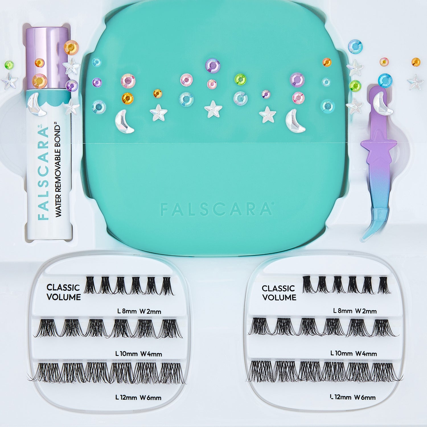 Falscare eyelash kit with turquoise case, removable bond, and classic volume lashes in three sizes.