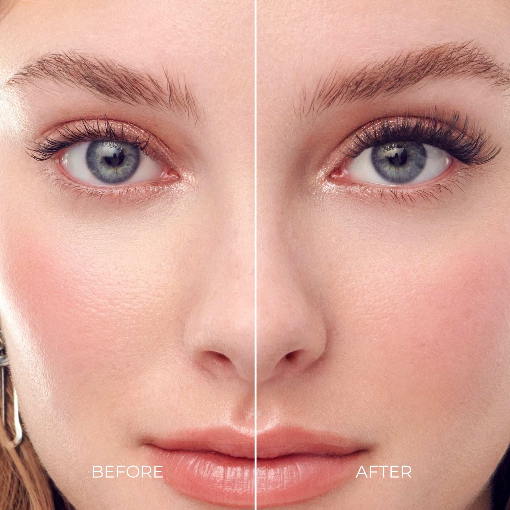 Before and after makeup comparison showing enhanced eyeshadow and fuller lashes.