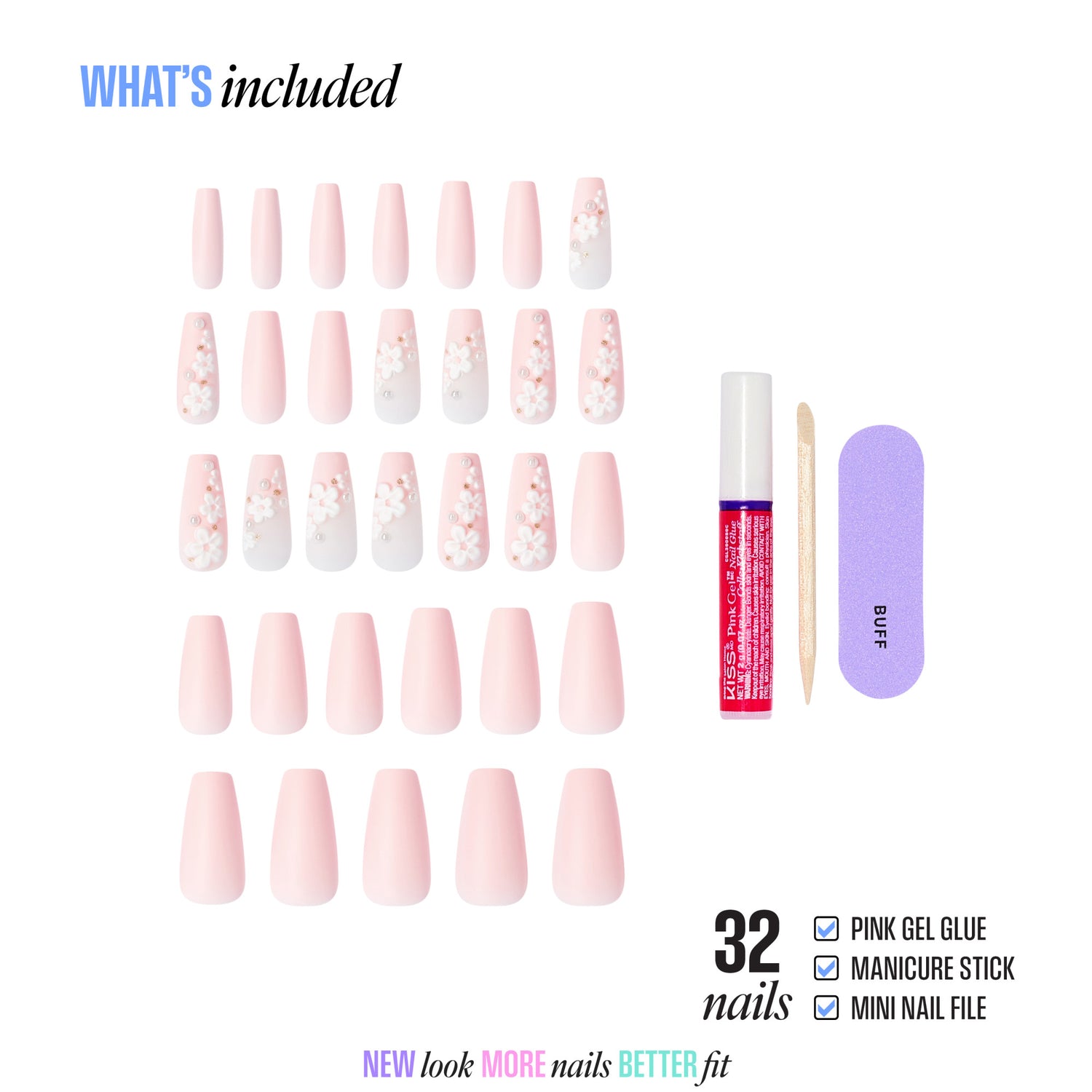 32 press-on nails in pink with floral designs, includes gel glue, manicure stick, and nail file.