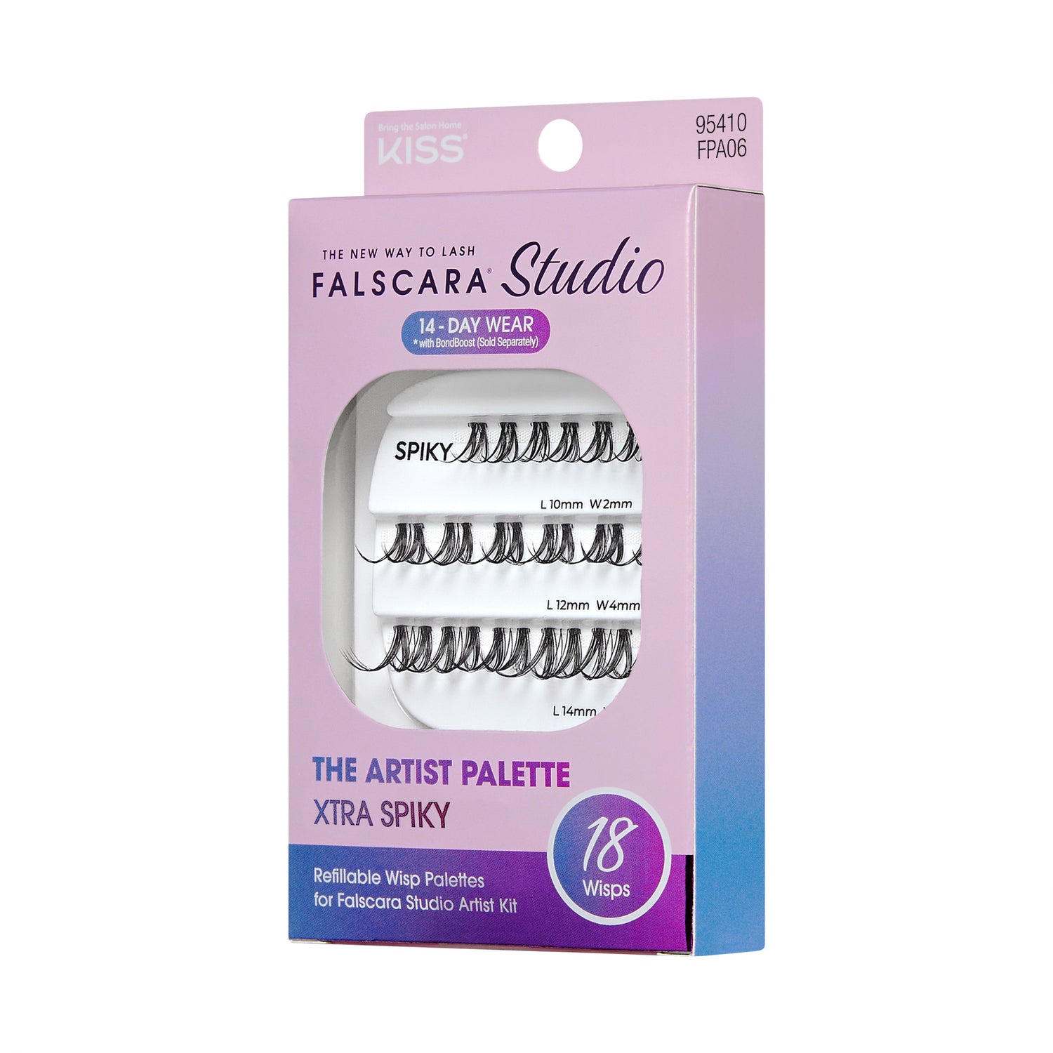 The image features a product packaging for "Falscara Studio" by Kiss, specifically the "The Artist Palette" in the "Xtra Spiky" style. The box is designed with a gradient color scheme transitioning from purple to pink. It prominently displays the product name and indicates that it contains 18 wisp lashes of varying lengths (10mm, 12mm, and 14mm). The packaging emphasizes that these lashes are suitable for 14-day wear and are part of a customizable lash system.