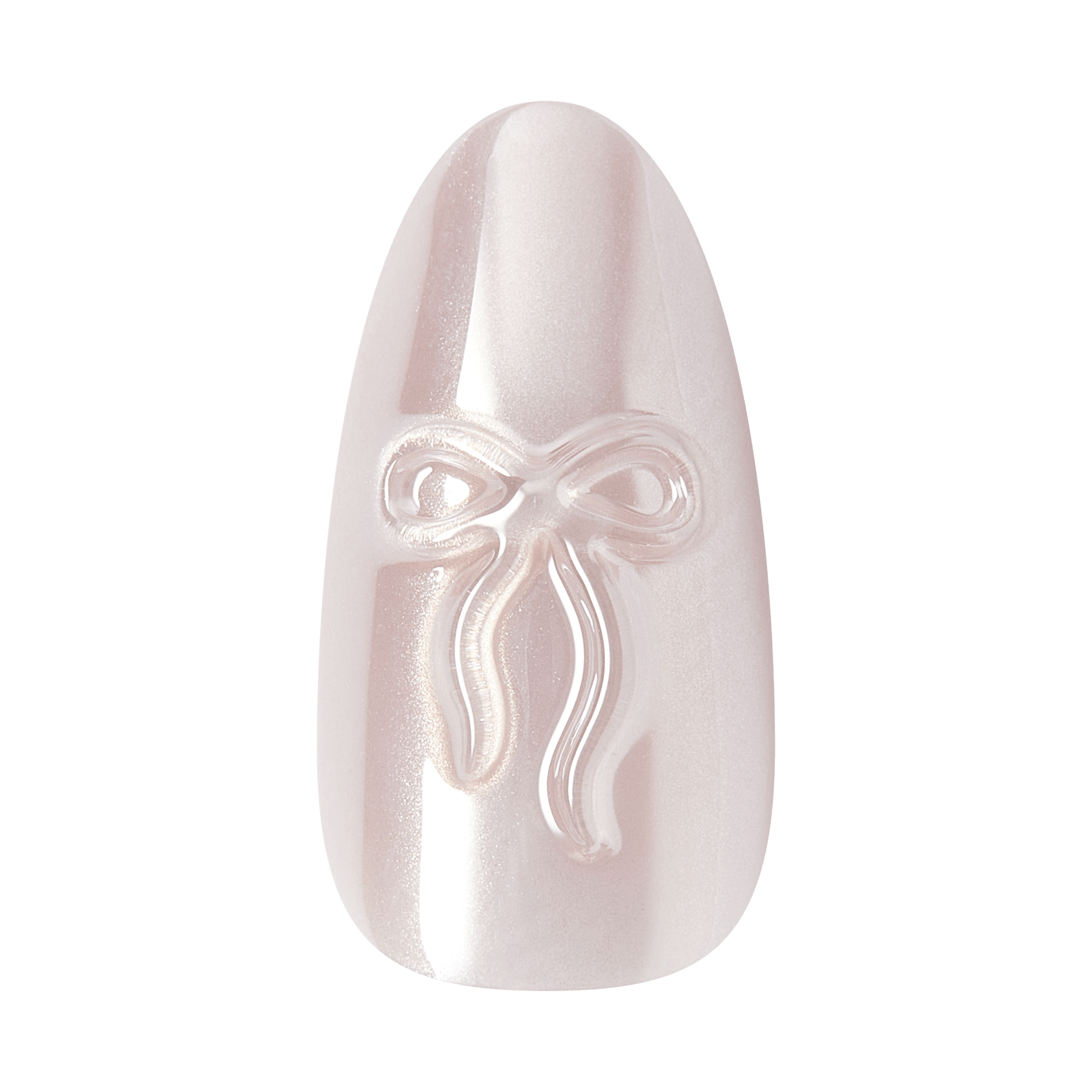 Almond-shaped nail with pearlescent finish and embossed bow design.