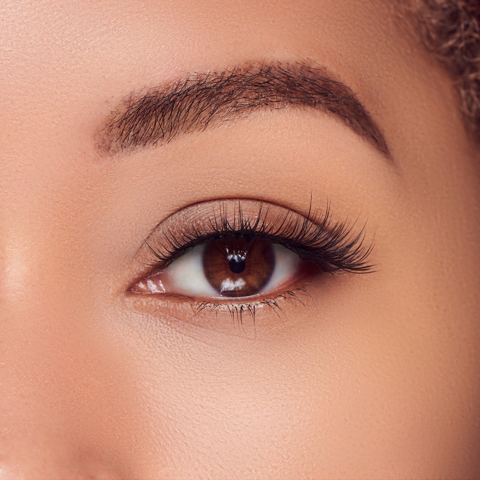 Close-up of a brown eye with long, natural-looking false eyelashes applied, showcasing the KISS Peony Lash Extension Kit in Misty Haze.