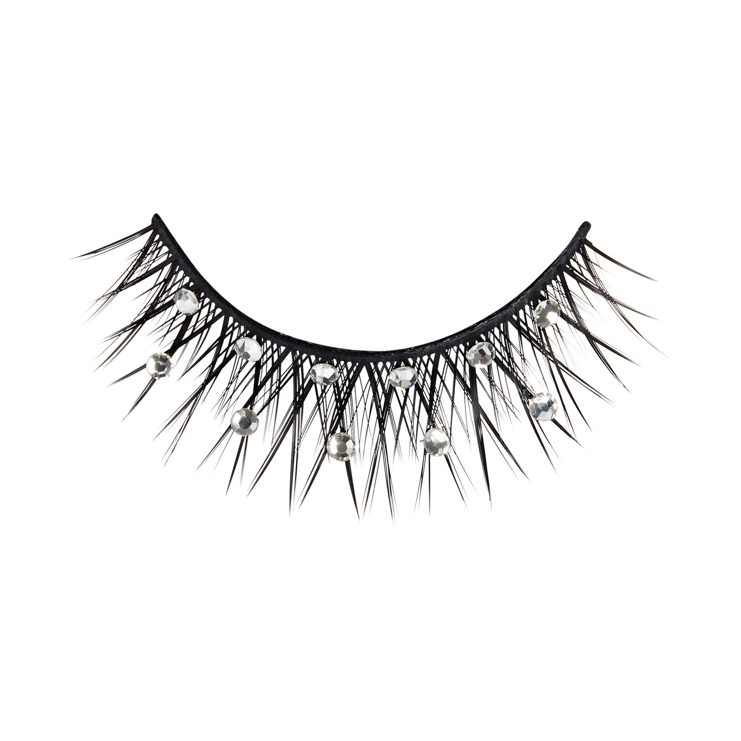 The image features a pair of false eyelashes that are long and dramatic. The lashes are predominantly black with a feathery texture, and they are adorned with small, sparkling rhinestones that hang delicately from the tips. The overall design is glamorous and eye-catching, perfect for enhancing eye makeup for special occasions or performances. The lashes are presented against a plain white background, emphasizing their intricate details and shine.