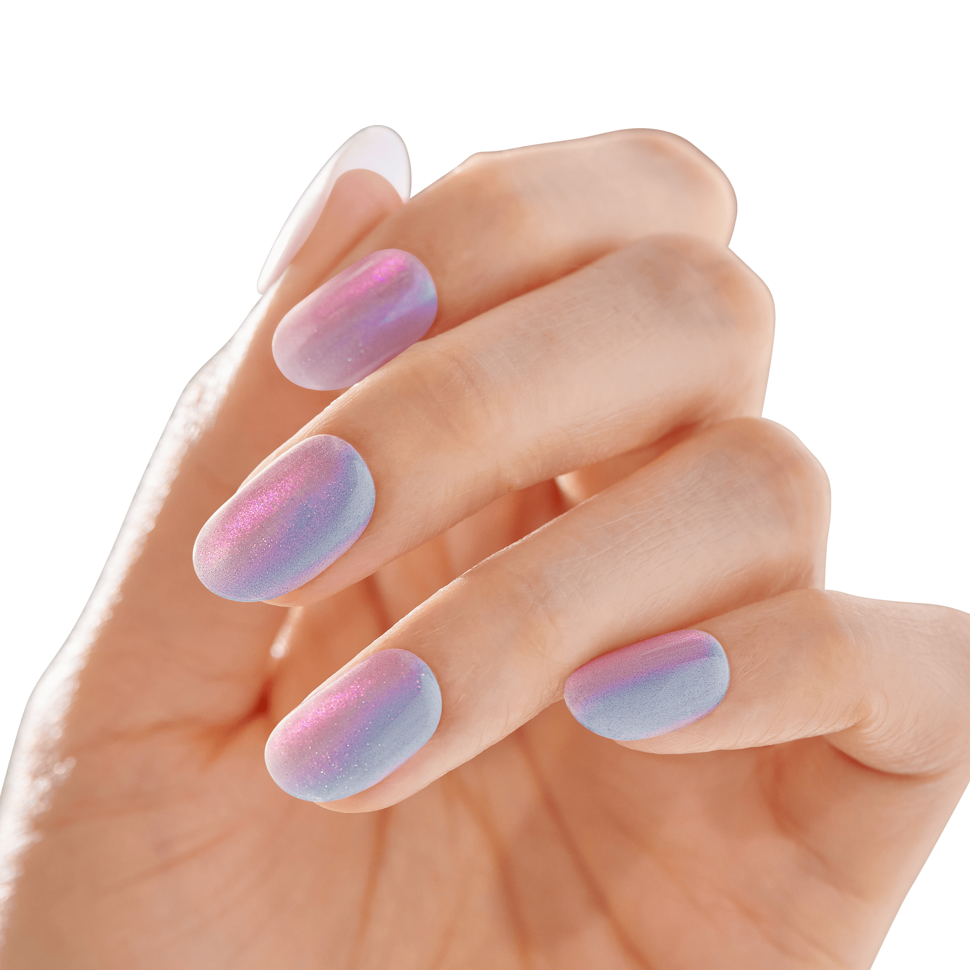 The image shows a close-up of a hand with manicured nails. The nails are painted with a gradient design that transitions from a light blue at the base to a pinkish-purple hue towards the tips. The finish of the nail polish appears to be slightly shimmery, giving the nails a glossy and iridescent look. The hand is positioned with the fingers slightly bent, showcasing the nails clearly. The background is blurred and neutral, ensuring that the focus remains on the nails.
