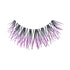 The image depicts a pair of false eyelashes designed with a dramatic and artistic flair. The lashes are primarily black and feature an intricate pattern where the tips are adorned with purple accents. The design gives the appearance of delicate, feathery extensions that fan outwards, creating a bold and eye-catching look. The purple detailing adds a touch of color and uniqueness to the overall design, making these lashes suitable for special occasions or creative makeup looks.