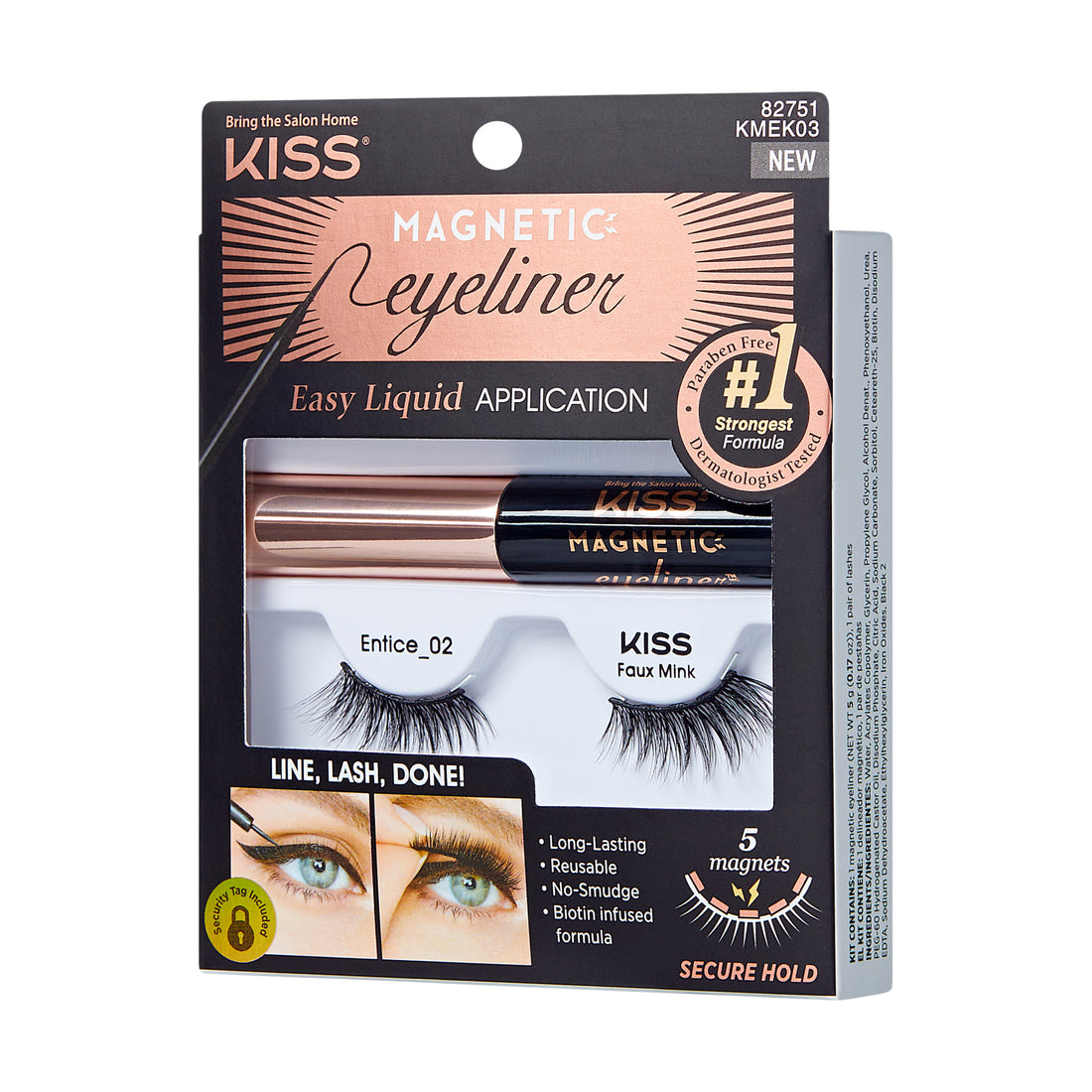 KISS Magnetic Eyeliner &amp; Lashes - Entice packaging with rose gold and black eyeliner tube, faux mink lashes, claims of easy liquid application, no-smudge, reusable, and secure hold with 5 magnets.