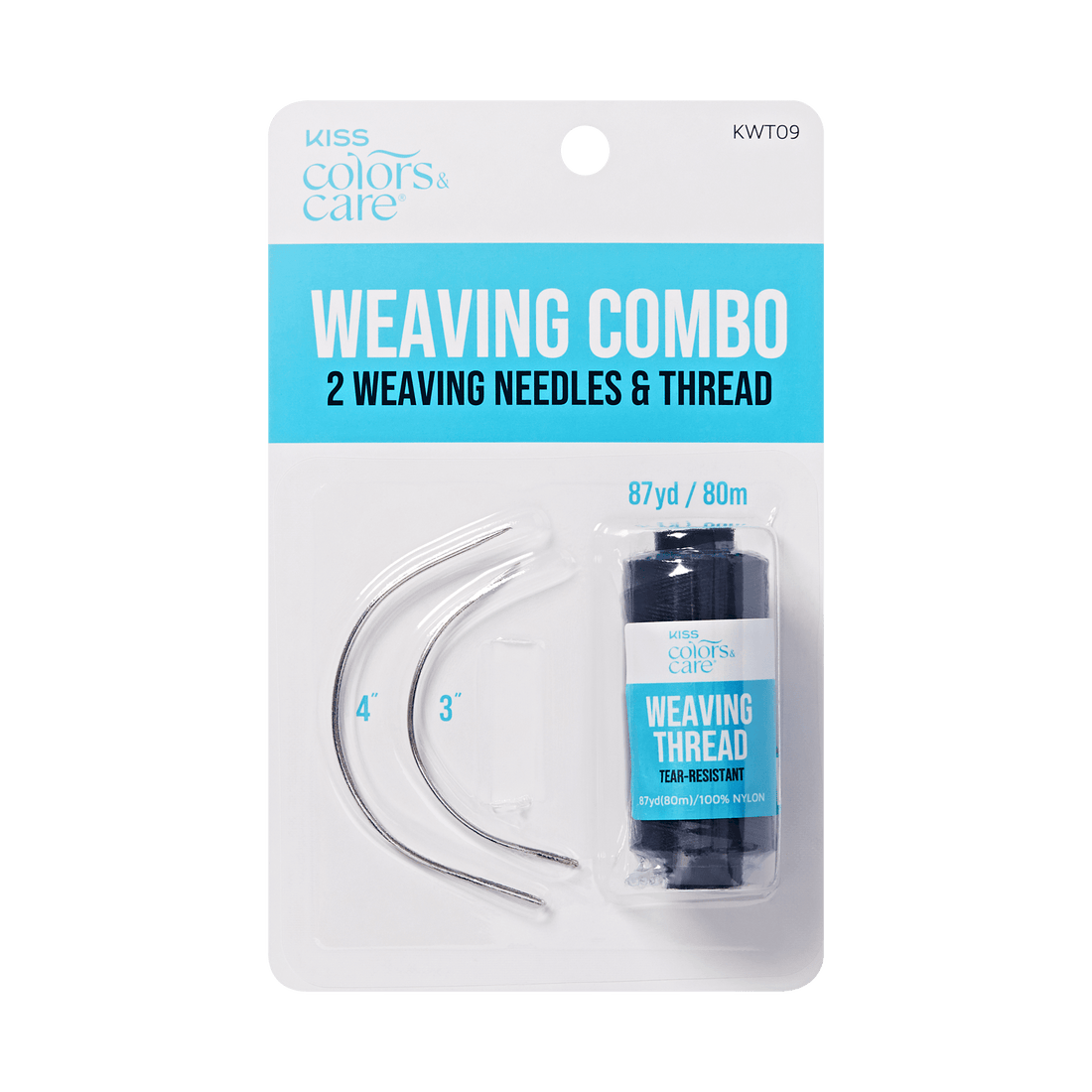 KISS Colors &amp; Care Weaving Combo with 2 curved metal needles (3" and 4") and black tear-resistant nylon thread, 87 yards.
