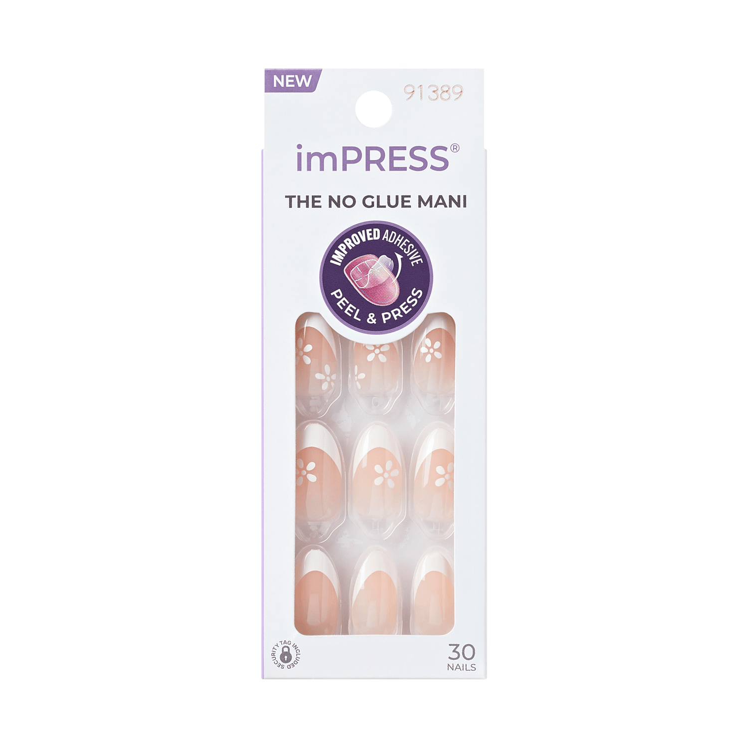 Pack of imPRESS French Press On Nails in a light nude color with white French tips and small white flower designs. Packaging highlights \