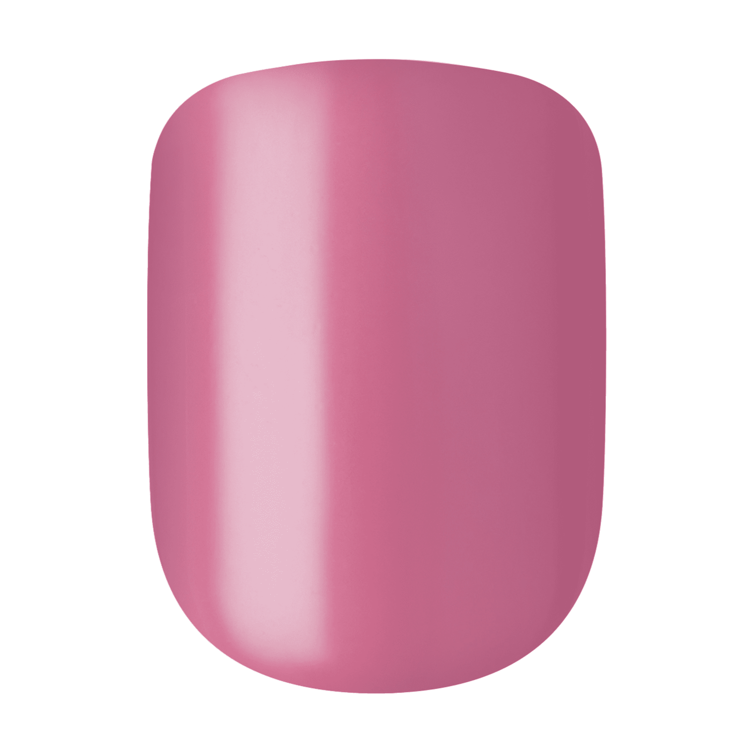 Glossy petal pink press-on nail swatch with a rounded square shape and smooth finish, showing color and shine details.