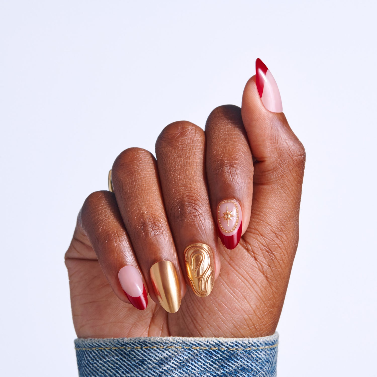 Kiss Glam 3D &amp; Jeweled Press On Fake Glue Nails - Weekend | 3D &amp; Jewel Design, Red, Medium, Almond