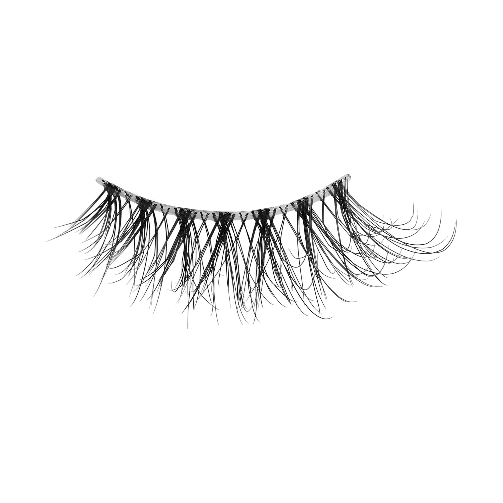 False eyelashes with layered black fibers on clear band