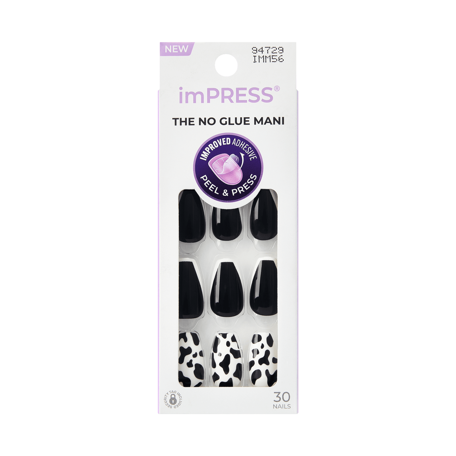 The image features a packaging for imPRESS press-on nails. The design showcases a variety of nail styles, including solid black nails and a cow print design. The packaging is sleek and modern, with a white background and a prominent label that reads "NEW" and "THE NO GLUE MANI." It highlights the improved adhesive feature and indicates that there are 30 nails included in the set. The overall aesthetic is trendy and appealing for those looking for easy nail application.