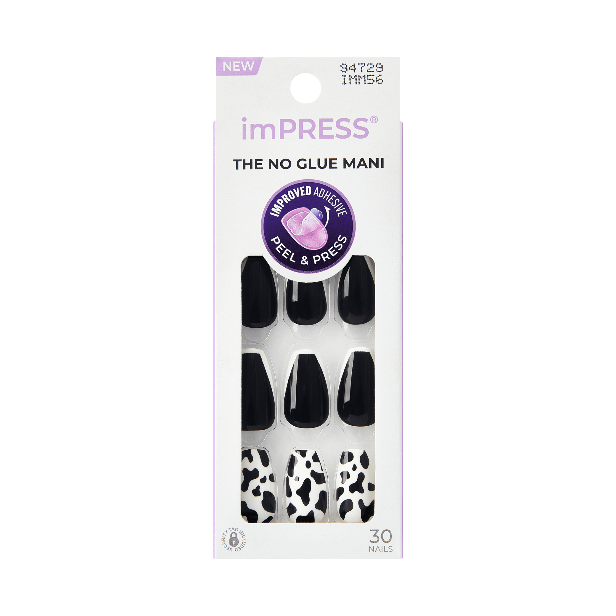 The image features a packaging for imPRESS press-on nails. The design showcases a variety of nail styles, including solid black nails and a cow print design. The packaging is sleek and modern, with a white background and a prominent label that reads "NEW" and "THE NO GLUE MANI." It highlights the improved adhesive feature and indicates that there are 30 nails included in the set. The overall aesthetic is trendy and appealing for those looking for easy nail application.