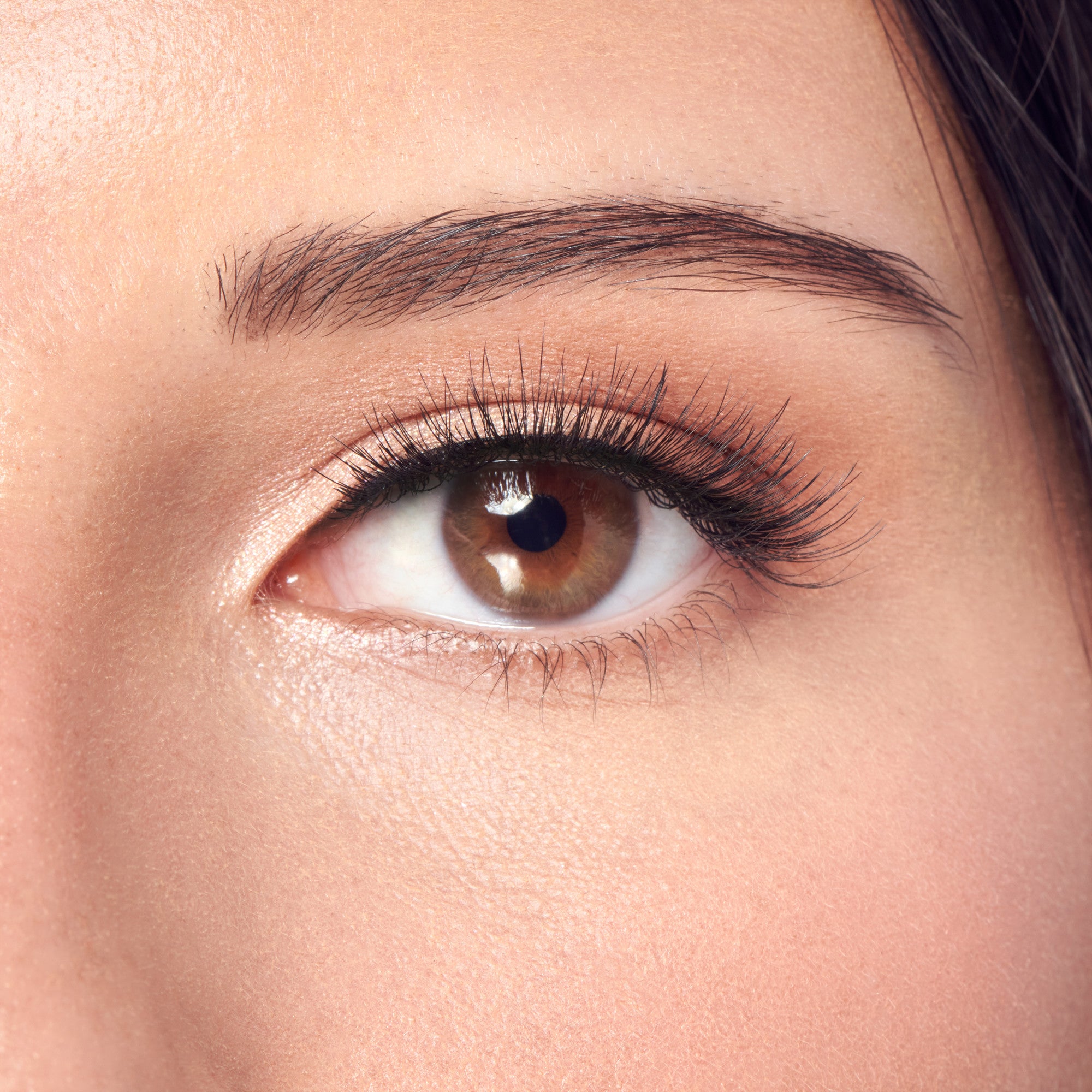 Close-up of a brown eye with natural-looking false eyelashes that are long, wispy, and softly curled, enhancing the lash line subtly.