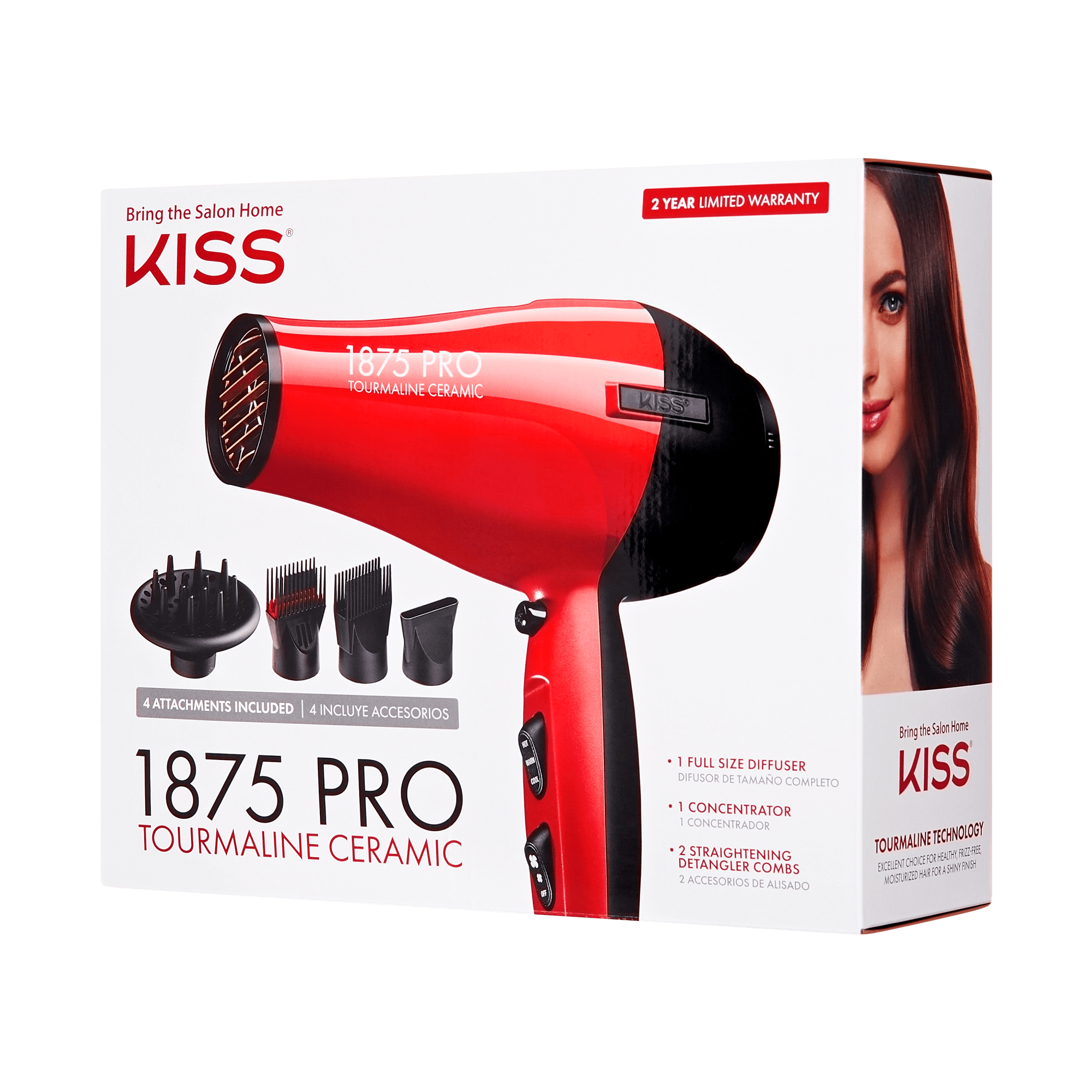 KISS 1875 PRO Tourmaline Ceramic Hair Dryer with 4 attachments and 2-year warranty