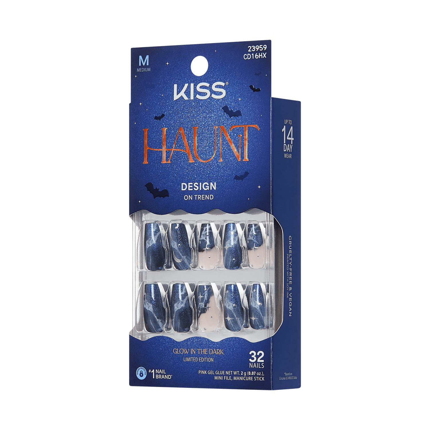 Kiss Haunt Halloween Press On Fake Glue Nails - Spookalicious | Design, Black, Medium, Coffin, Glow In The Dark