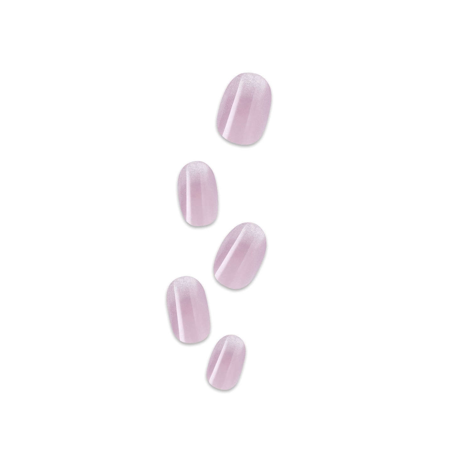 Five pink press-on nails with glitter finish and white tips arranged vertically.