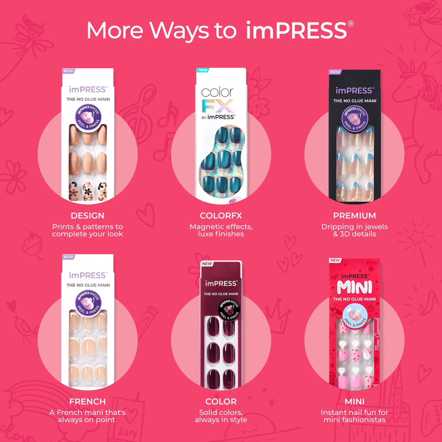 imPRESS nail product line: Design, ColorFX, Premium, French, Color, and Mini collections.