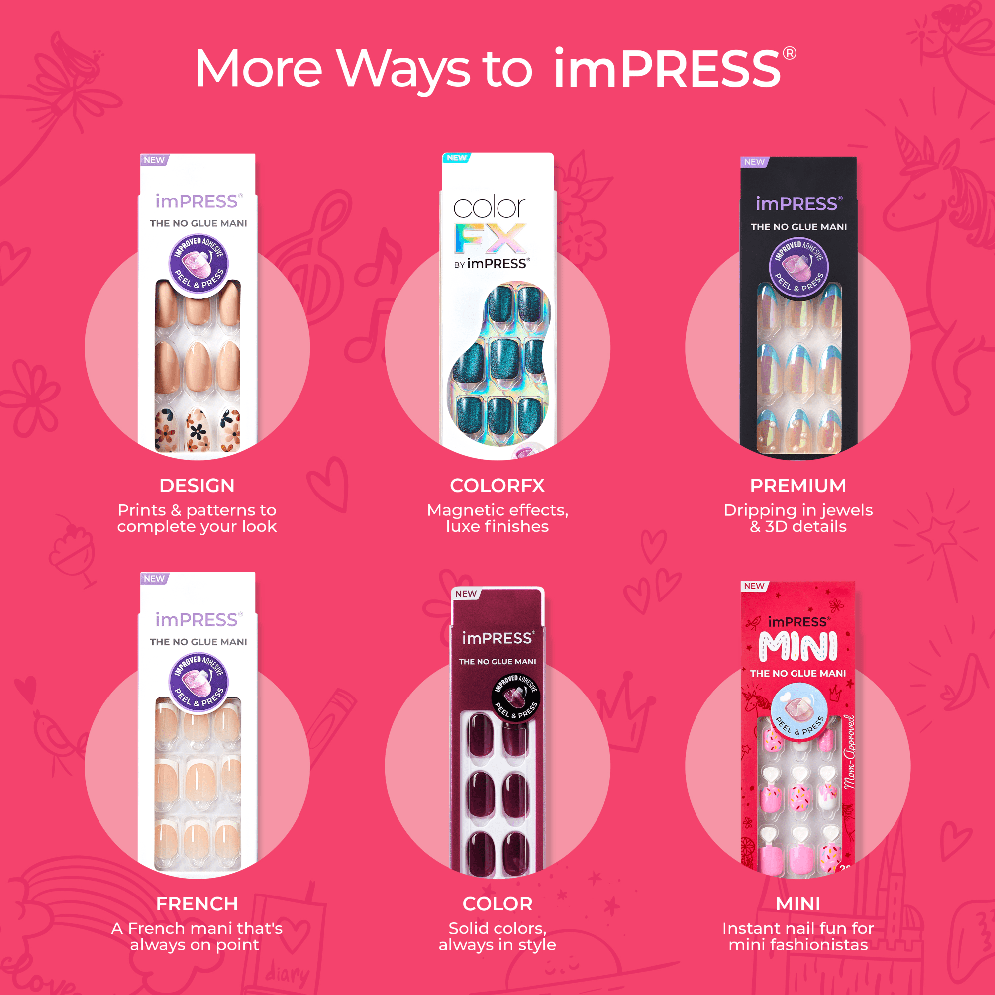 imPRESS nail product line: Design, ColorFX, Premium, French, Color, and Mini collections.